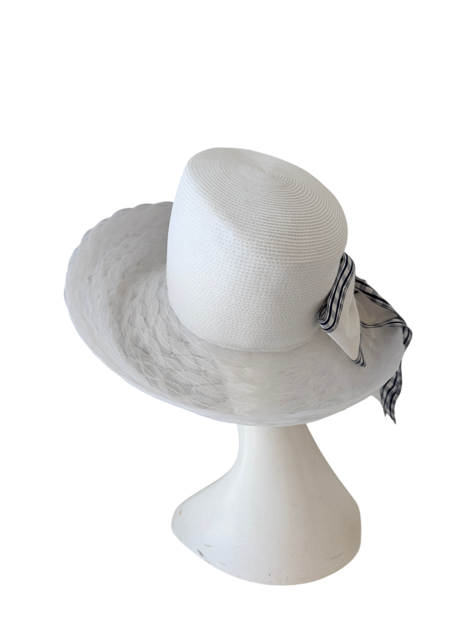 2001 Signed Eric Javits white raffia hat with braided brim and blue/white plaid statment bow with elaborate floral bouquet
