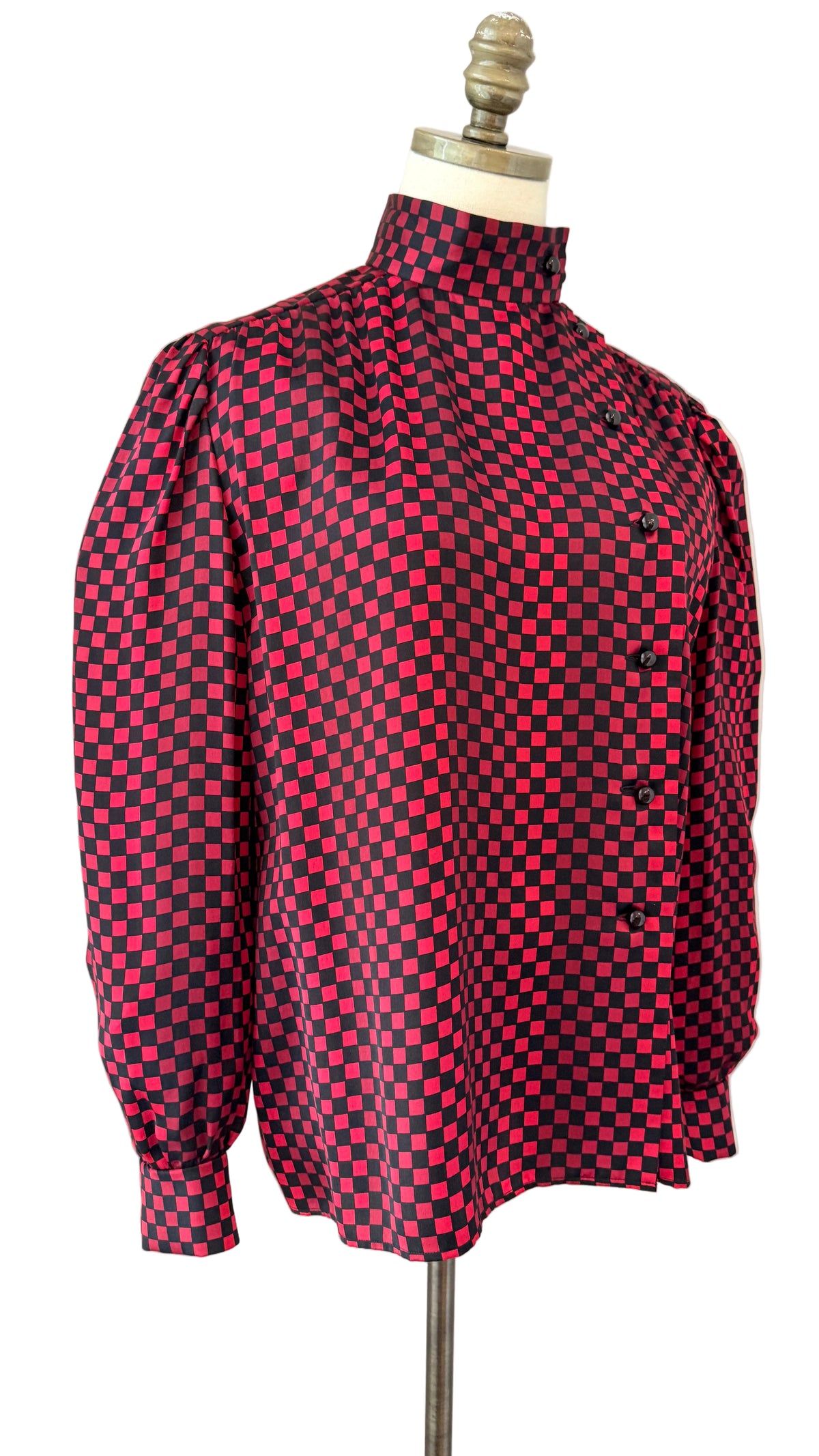 1970s Nina Ricci Black & Red Checkered Silk Blouse