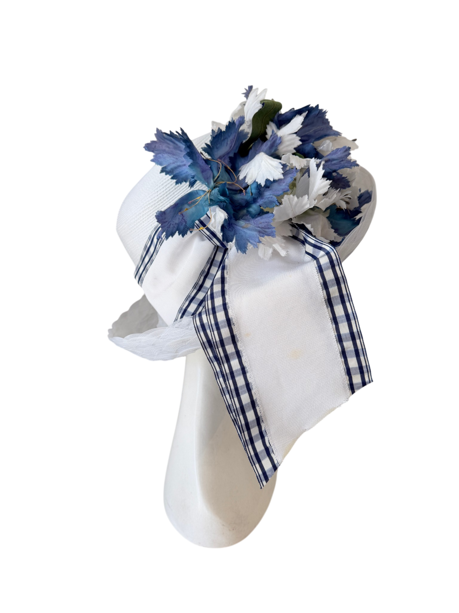 2001 Signed Eric Javits white raffia hat with braided brim and blue/white plaid statment bow with elaborate floral bouquet