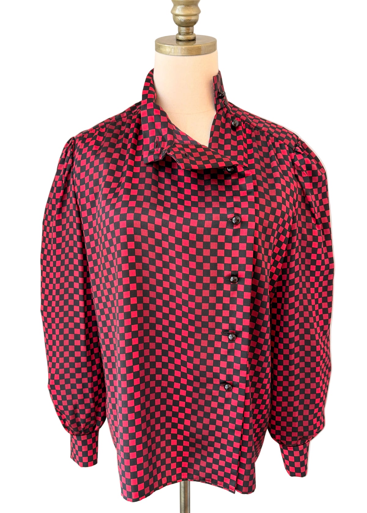 1970s Nina Ricci Black & Red Checkered Silk Blouse
