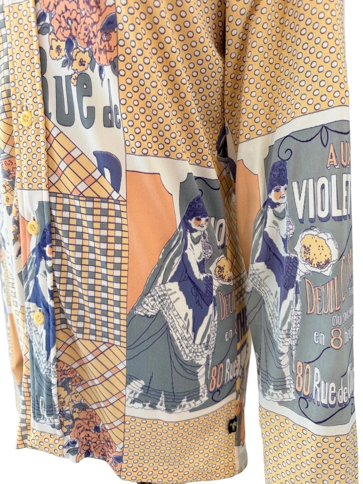 1970s Montgomery Ward “The Chain” French Bistro Novelty Print Blouse with dagger collar