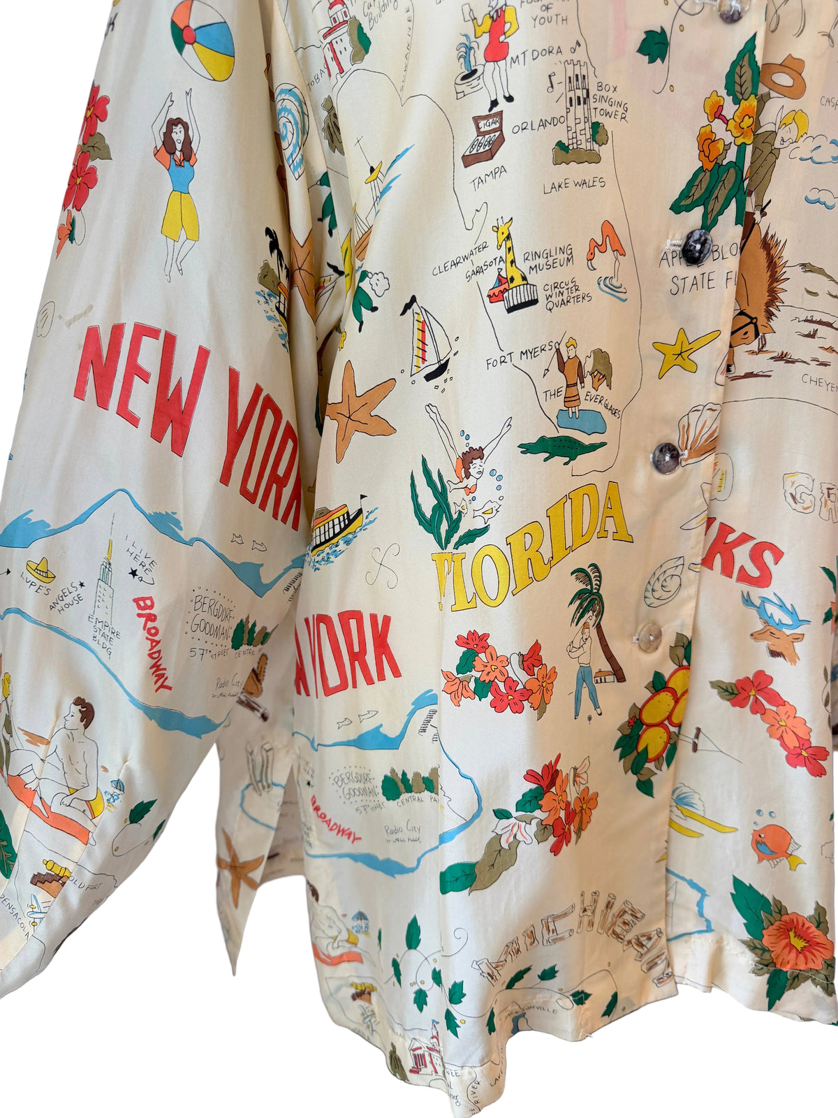 1980s Times Seven by Todd Oldham Silk Button-Front Blouse with Southern Travel Novelty Print