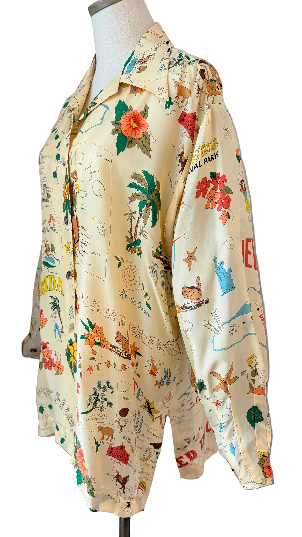 1980s Times Seven by Todd Oldham Silk Button-Front Blouse with Southern Travel Novelty Print