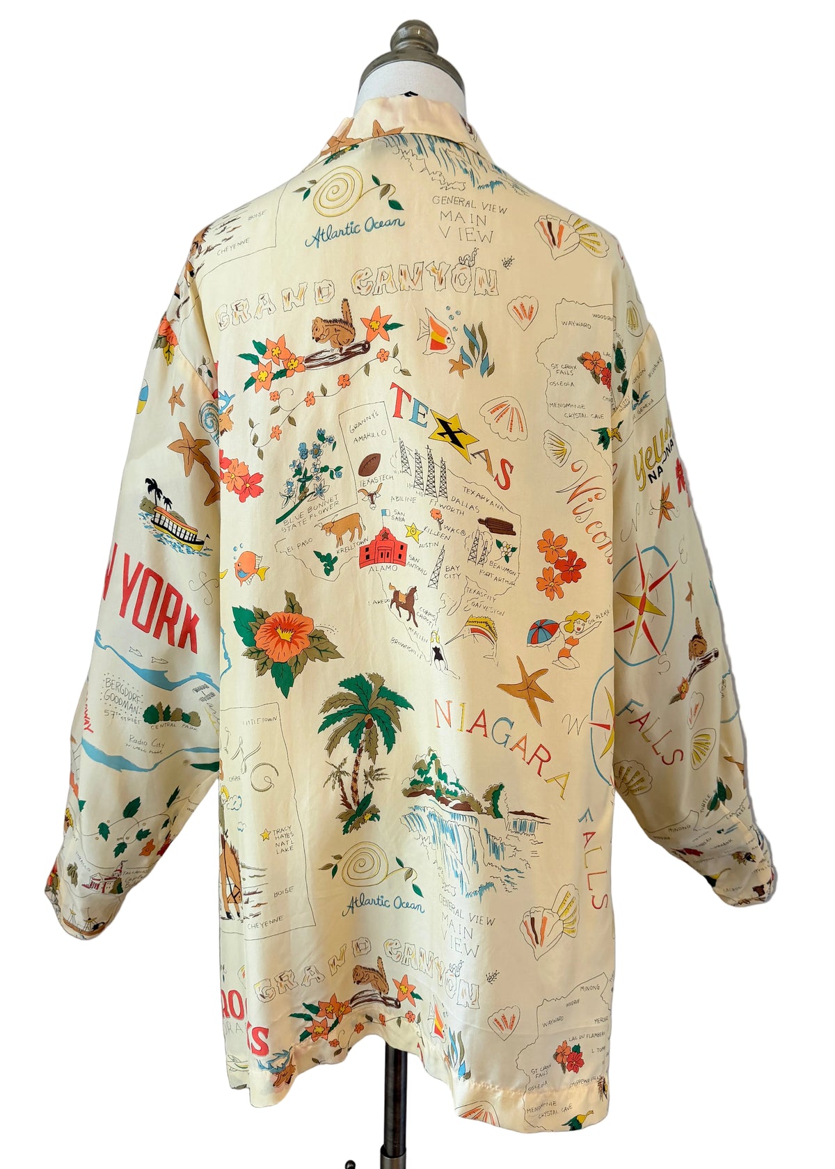 1980s Times Seven by Todd Oldham Silk Button-Front Blouse with Southern Travel Novelty Print