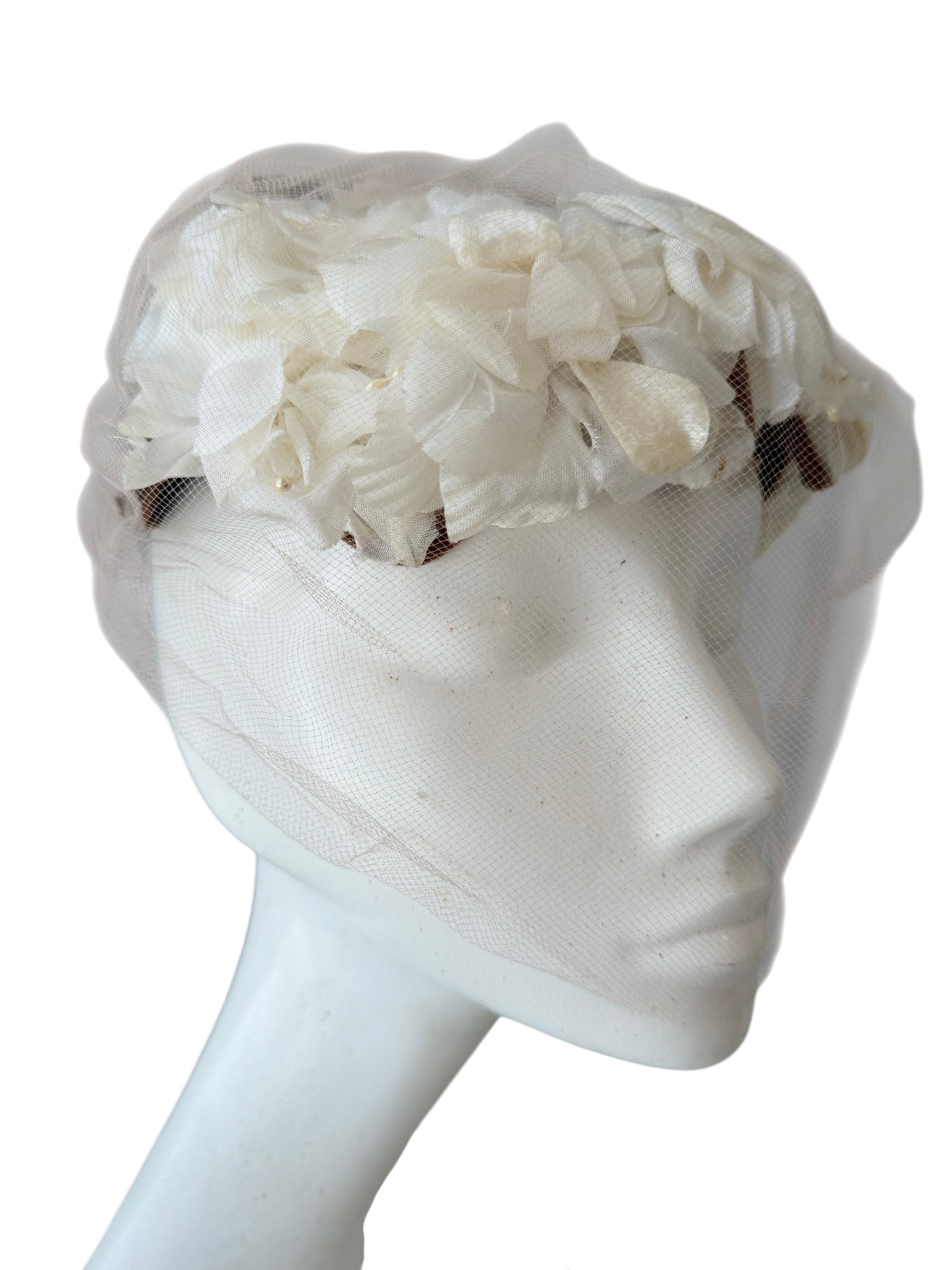 1940s Ivory Silk Floral Fascinator with Velvet Bow and Blush Netting