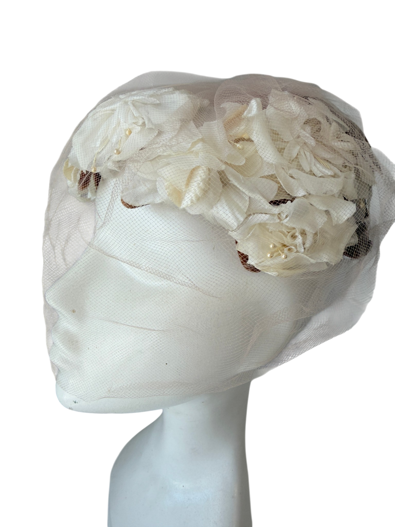 1940s Ivory Silk Floral Fascinator with Velvet Bow and Blush Netting
