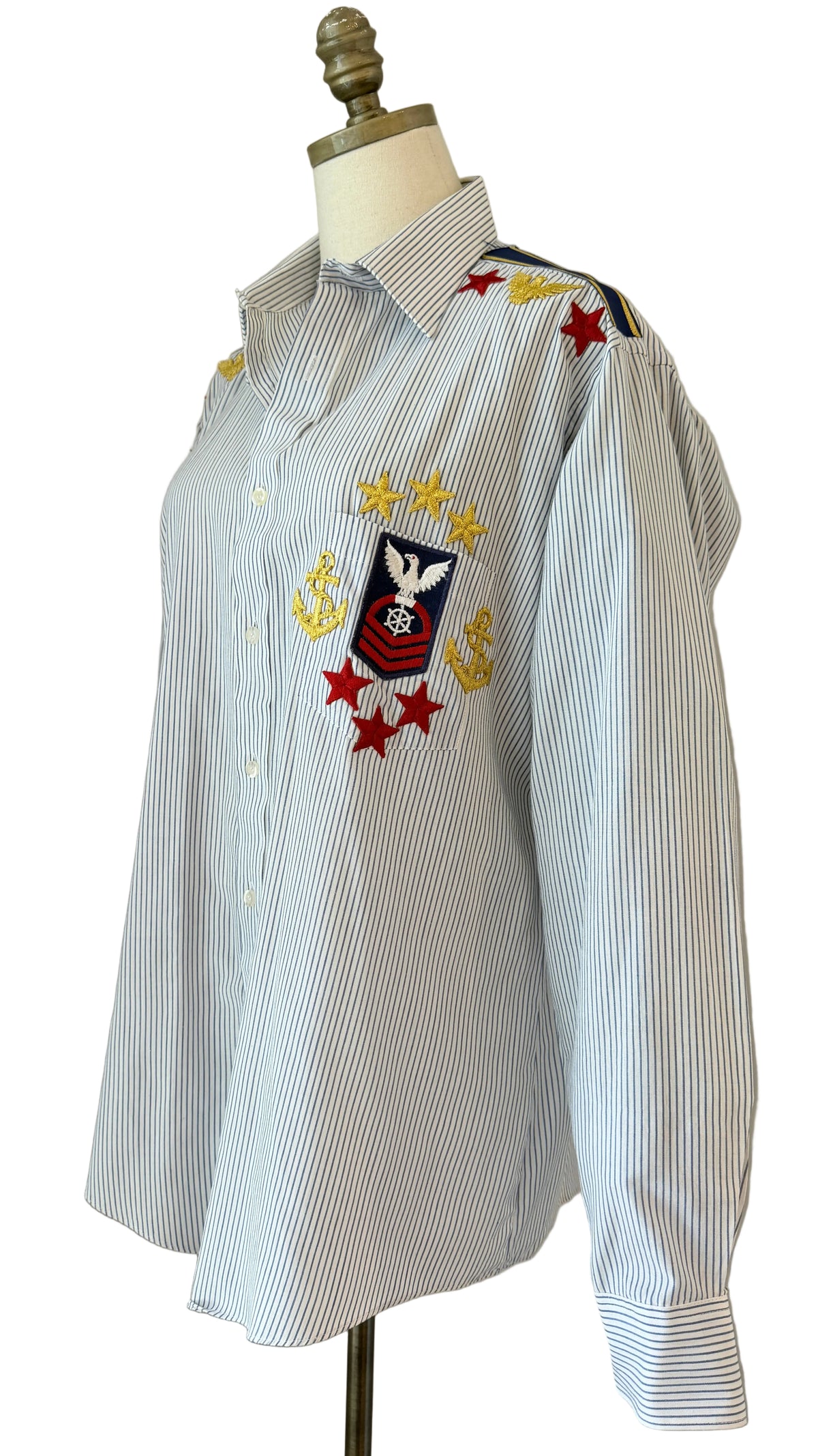 1980s Men's Striped Button-Front Shirt with Naval Patch Embellishments