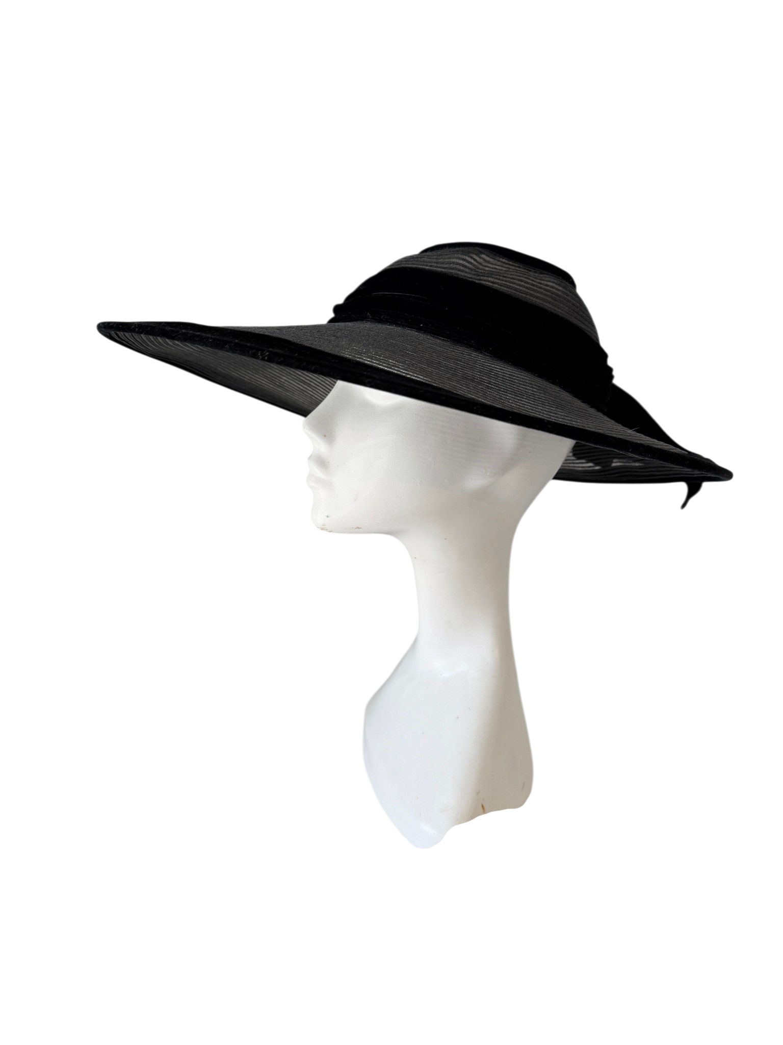 1950s Black Mesh Open-Top Cartwheel Hat with Velvet Trim and Bow
