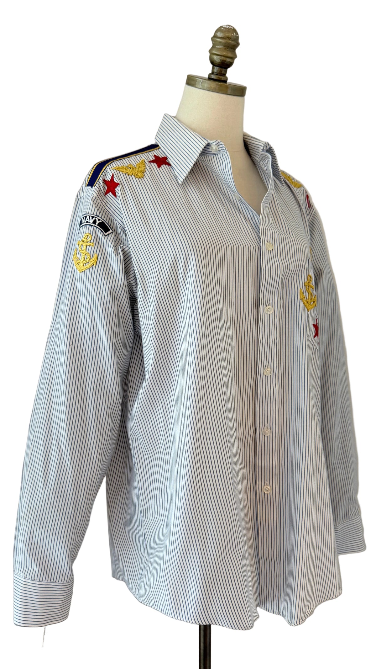 1980s Men's Striped Button-Front Shirt with Naval Patch Embellishments