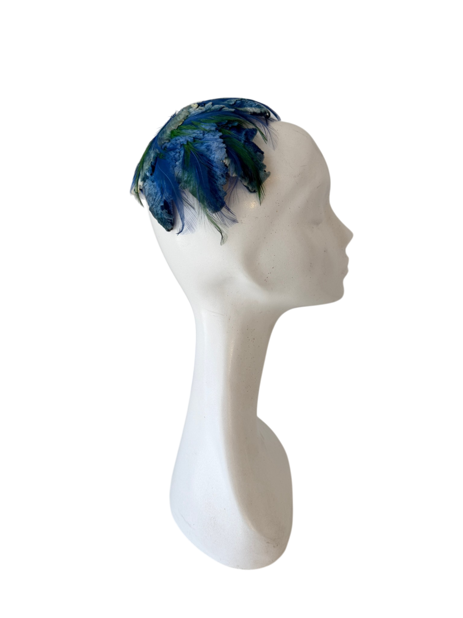 1940s Peck & Peck Blue Velvet Leaf Cage Fascinator with Feathers