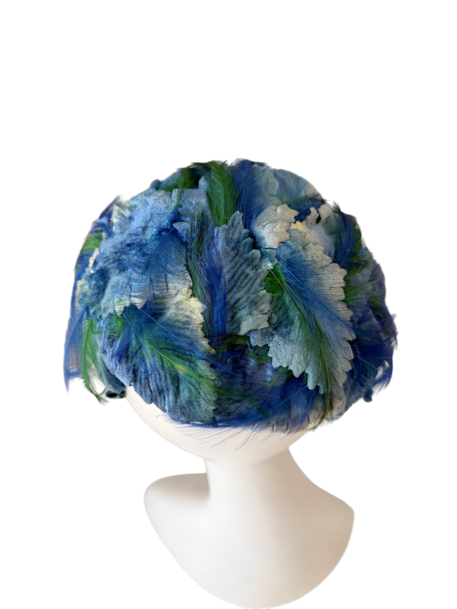 1940s Peck & Peck Blue Velvet Leaf Cage Fascinator with Feathers