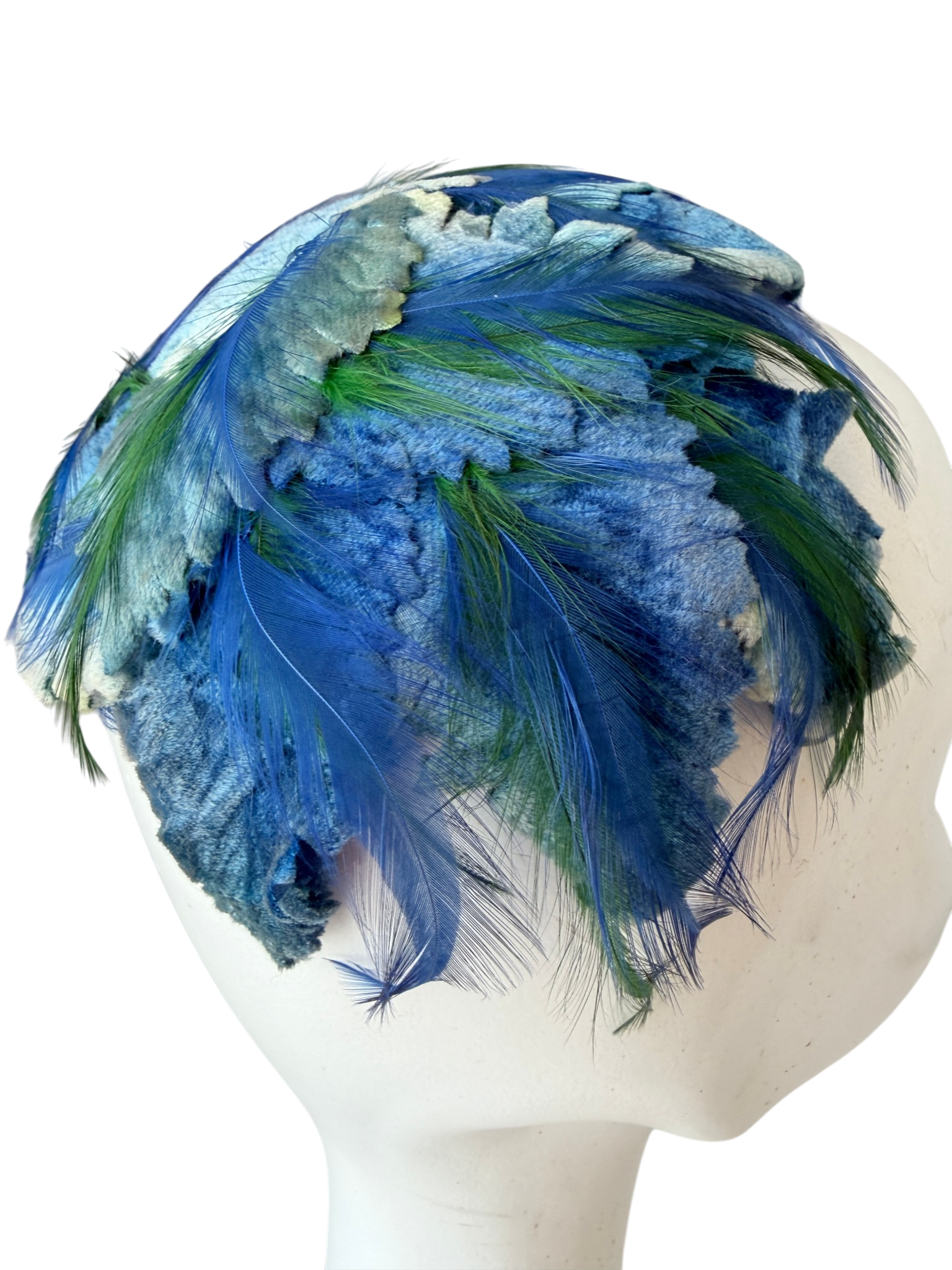 1940s Peck & Peck Blue Velvet Leaf Cage Fascinator with Feathers