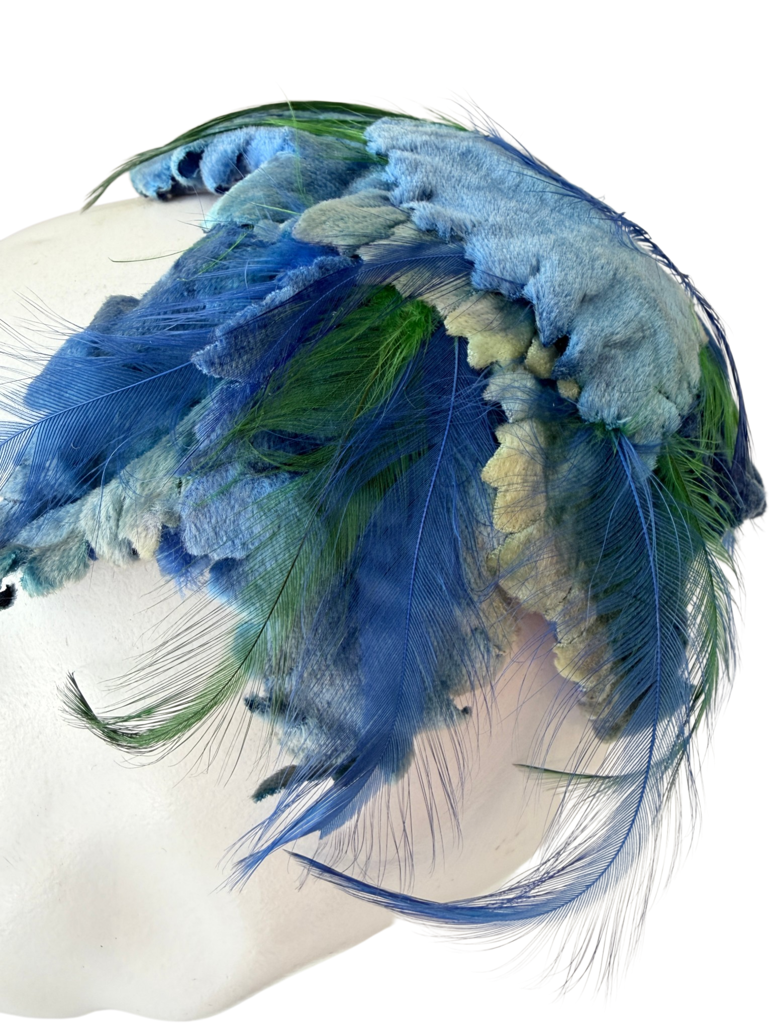 1940s Peck & Peck Blue Velvet Leaf Cage Fascinator with Feathers
