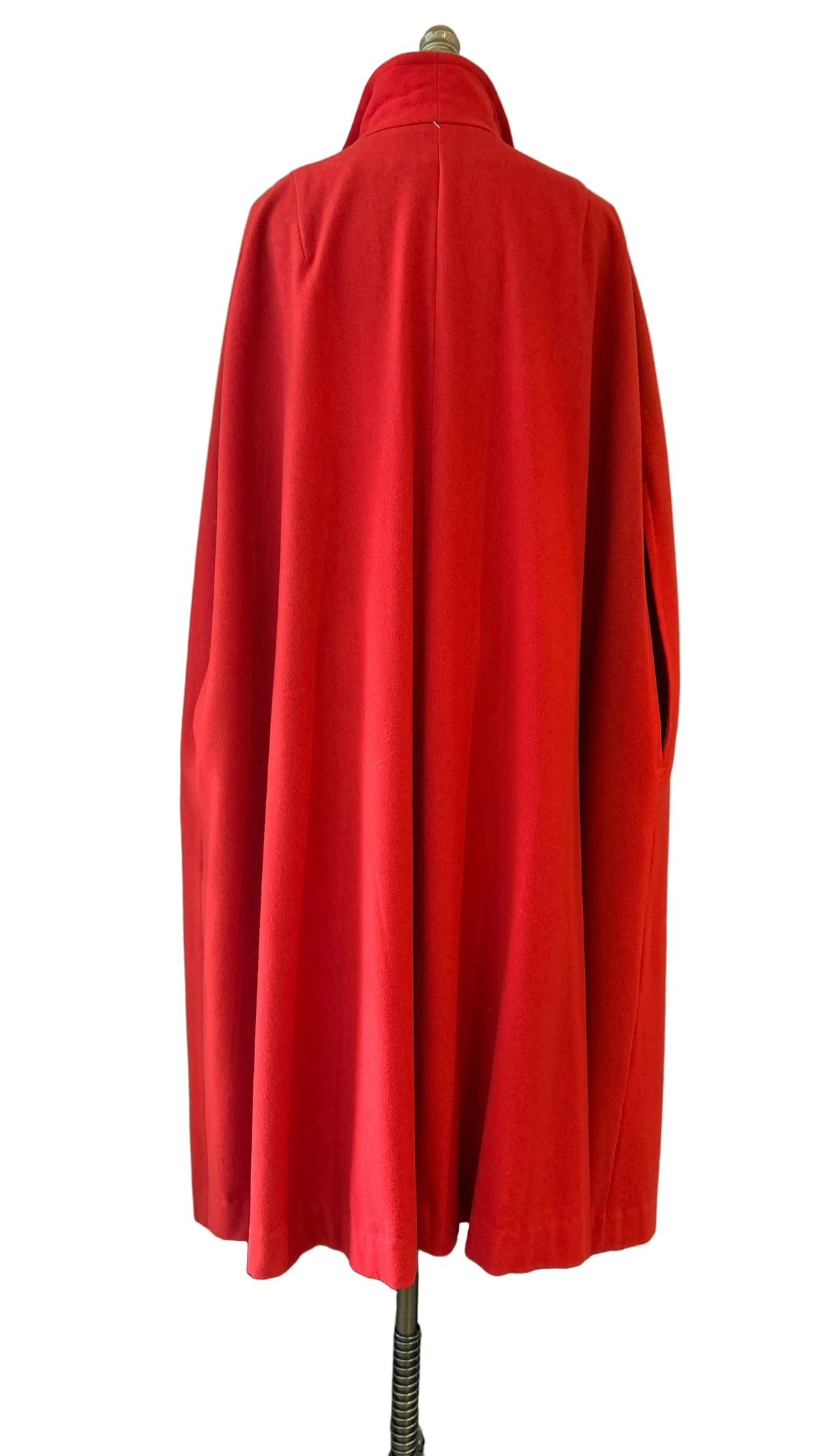 1970s Red Wool Cape with Neck Tie, Arm Openings & Silk Georgette Lining