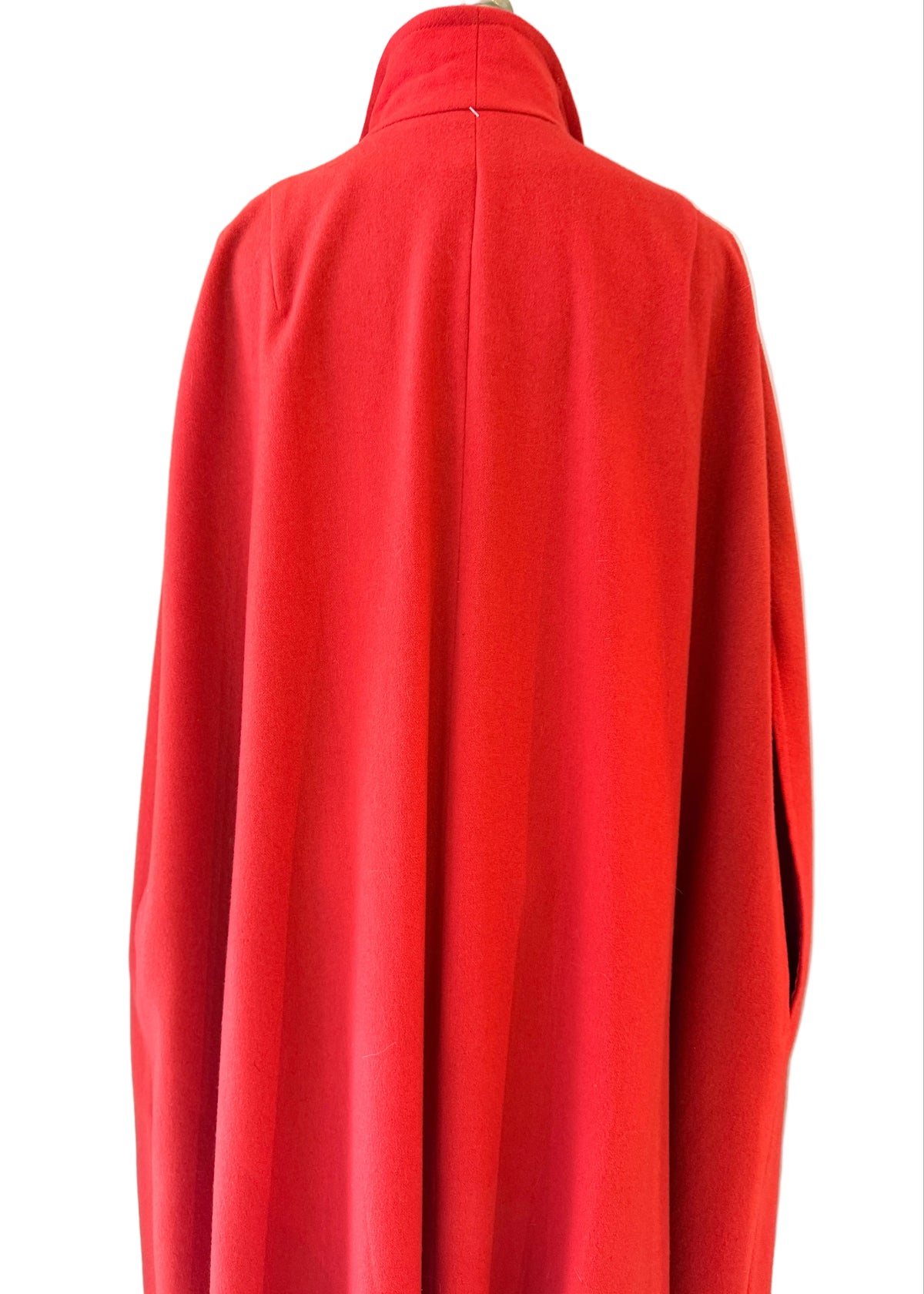 1970s Red Wool Cape with Neck Tie, Arm Openings & Silk Georgette Lining