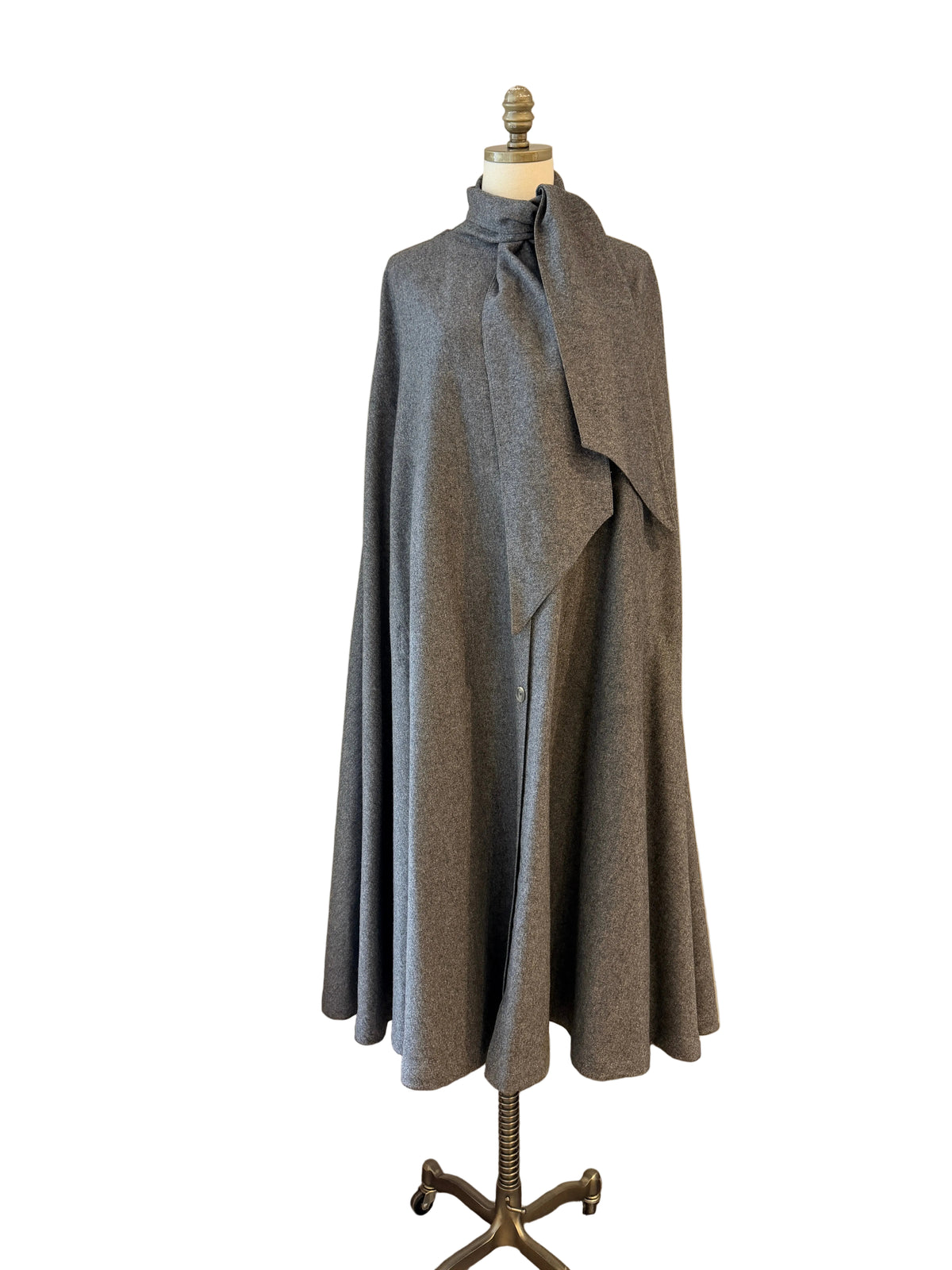 1970s Jaeger Grey Wool Button-Front Cape with Wrap Tie Neckline