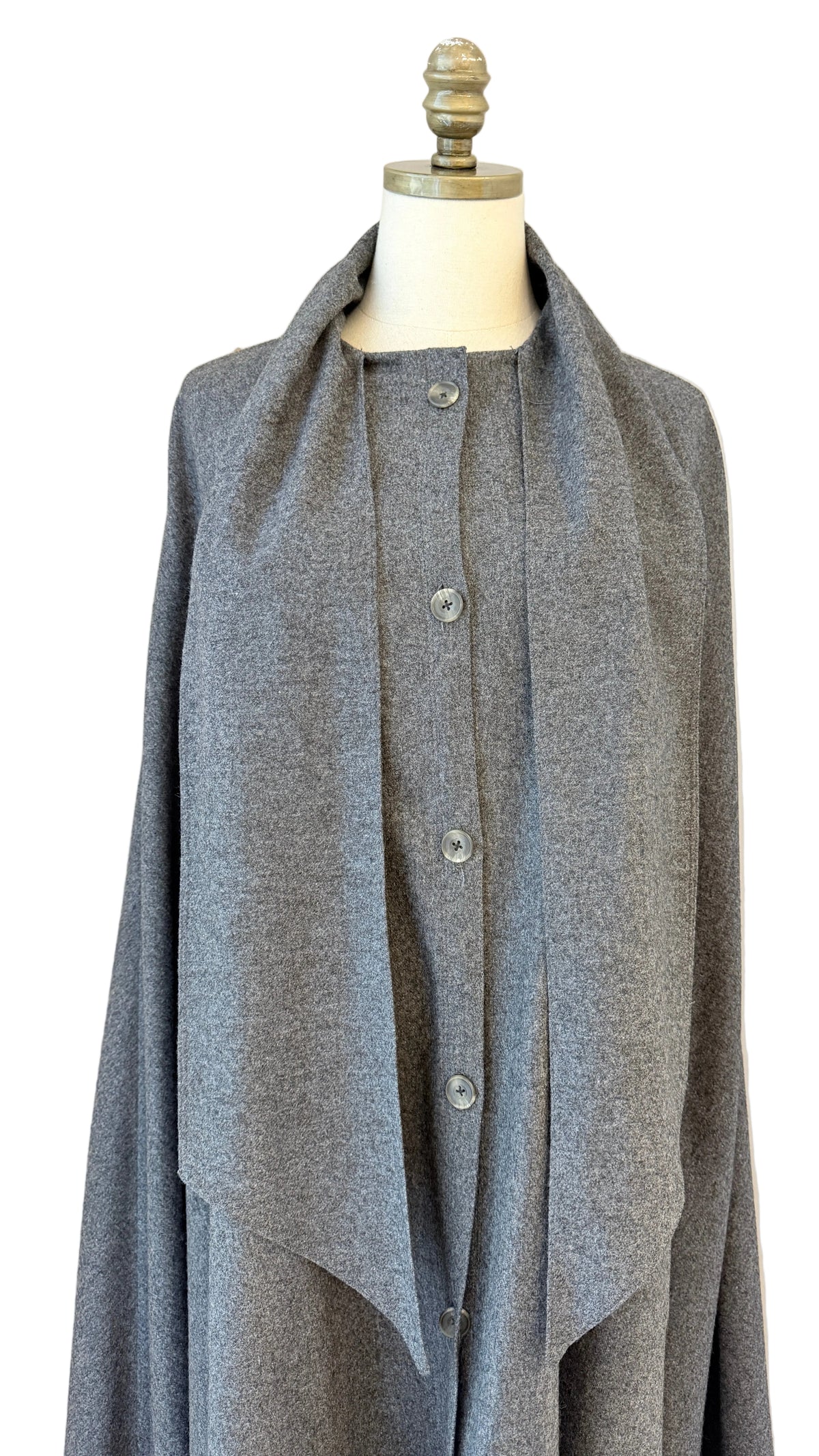 1970s Jaeger Grey Wool Button-Front Cape with Wrap Tie Neckline