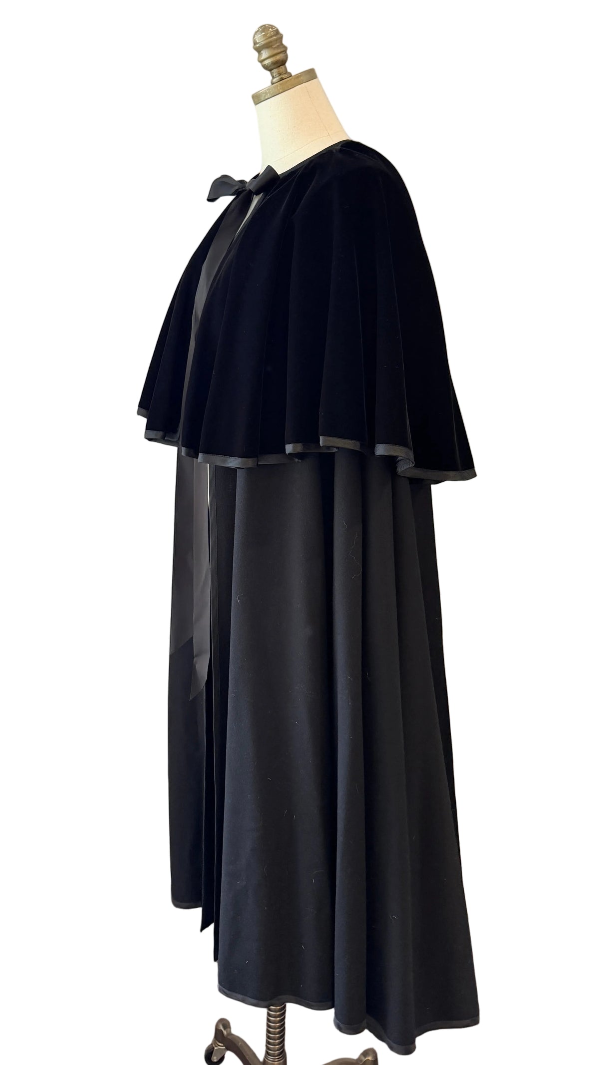 1970s Yves Saint Laurent Black Wool Cape with Velvet Capelet & Satin Neck Tie