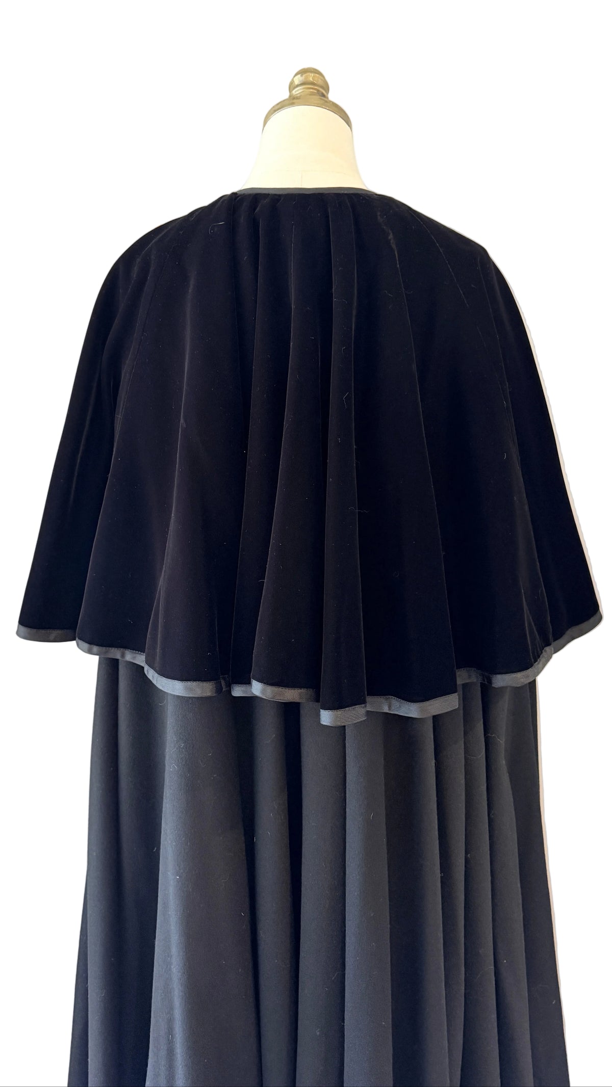 1970s Yves Saint Laurent Black Wool Cape with Velvet Capelet & Satin Neck Tie