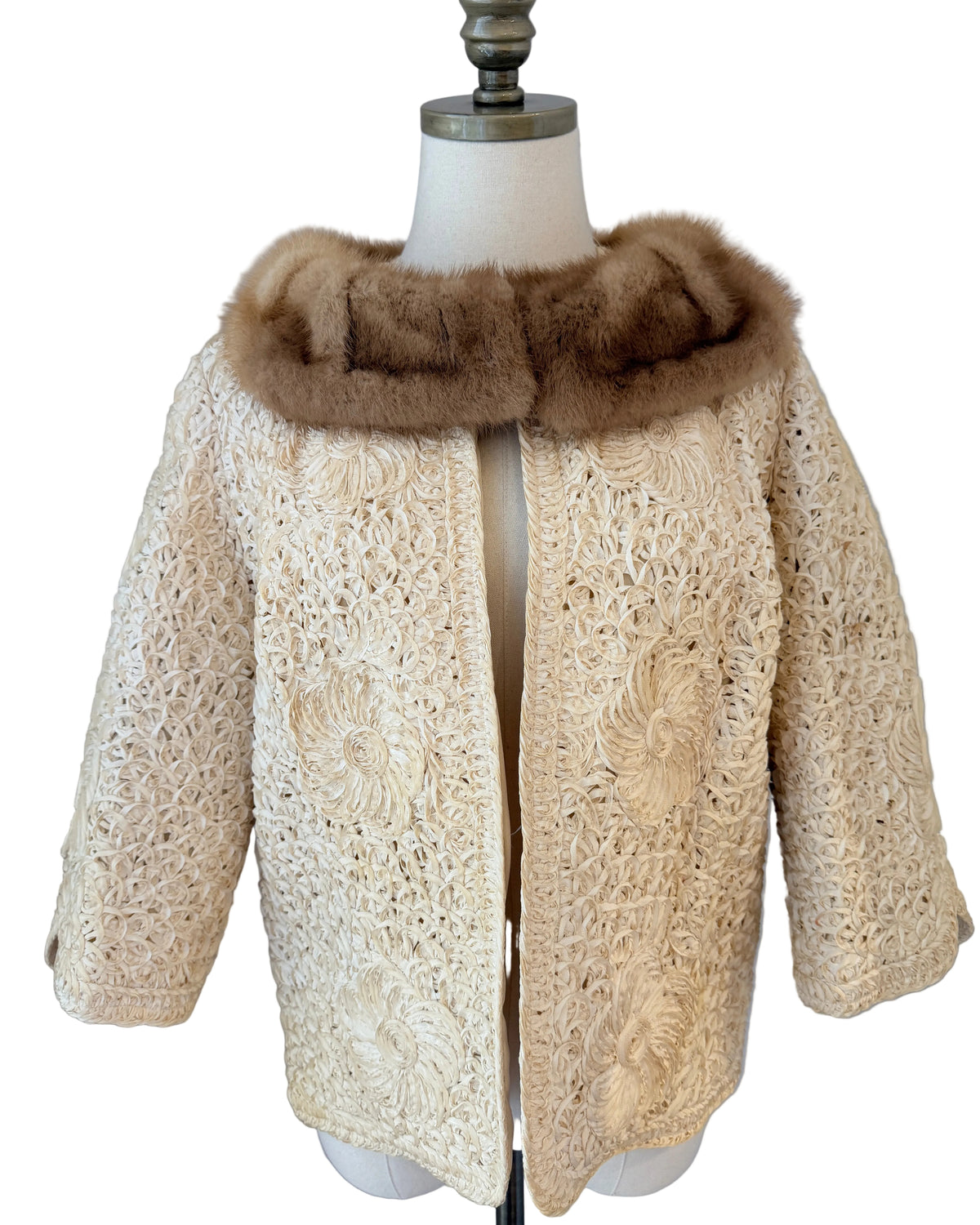 1950s Ivory Ribbon Soutache Cropped Open-Front Jacket with Blonde Mink Collar