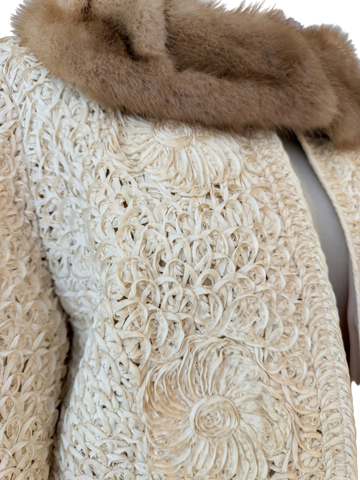 1950s Ivory Ribbon Soutache Cropped Open-Front Jacket with Blonde Mink Collar