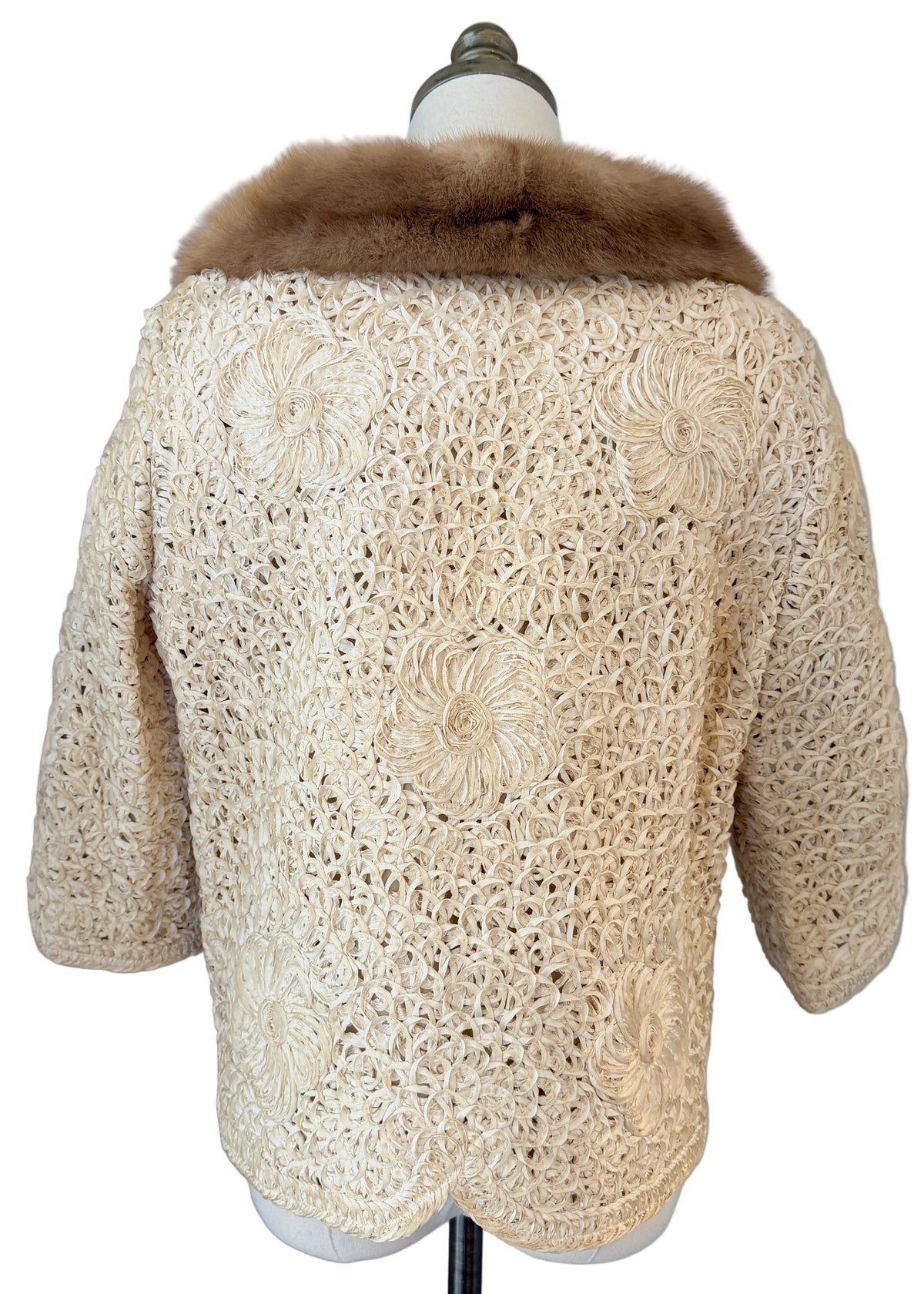 1950s Ivory Ribbon Soutache Cropped Open-Front Jacket with Blonde Mink Collar