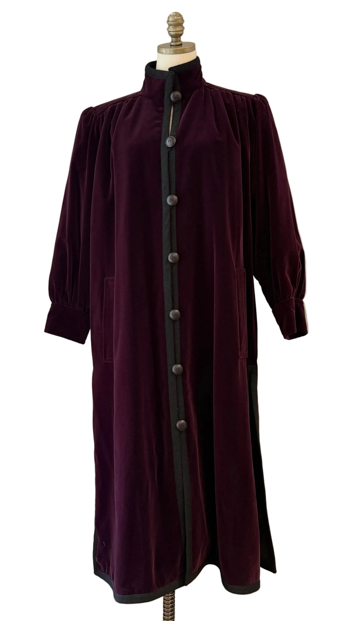 1970s Yves Saint Laurent Plum Velvet Full-Length Button-Front Coat with Pleated Shoulders