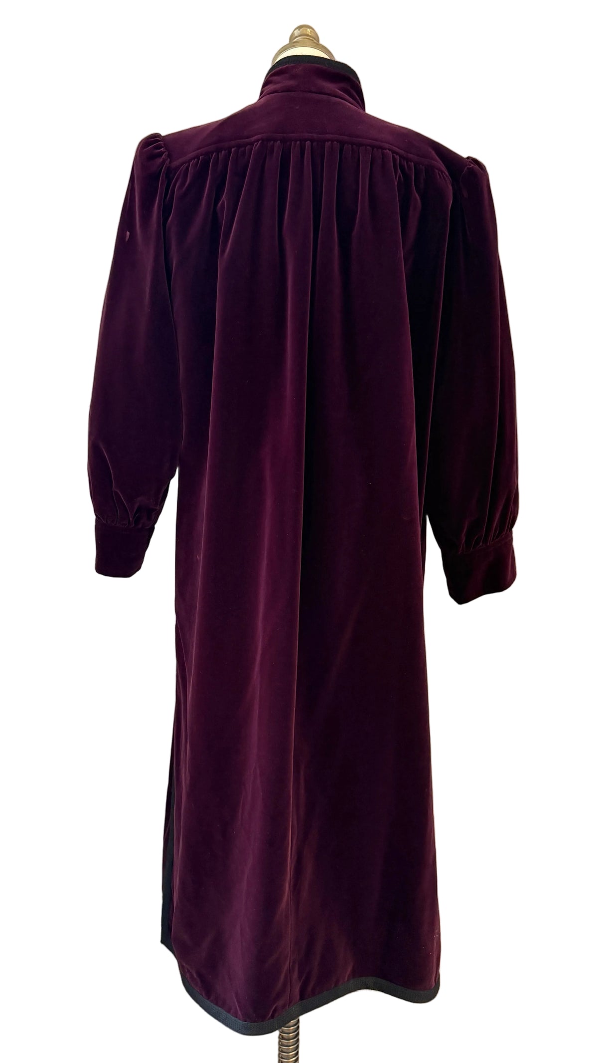 1970s Yves Saint Laurent Plum Velvet Full-Length Button-Front Coat with Pleated Shoulders