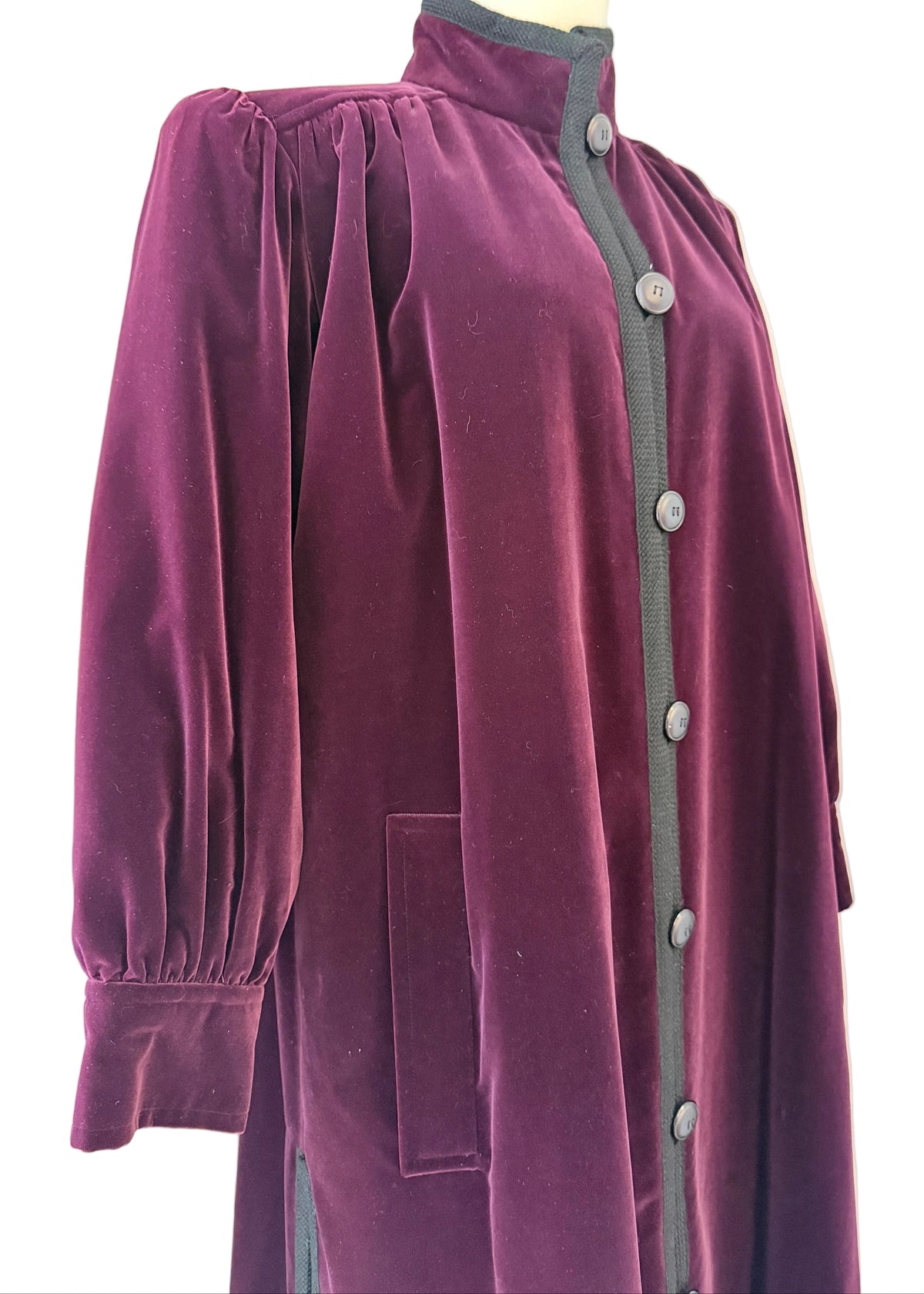 1970s Yves Saint Laurent Plum Velvet Full-Length Button-Front Coat with Pleated Shoulders