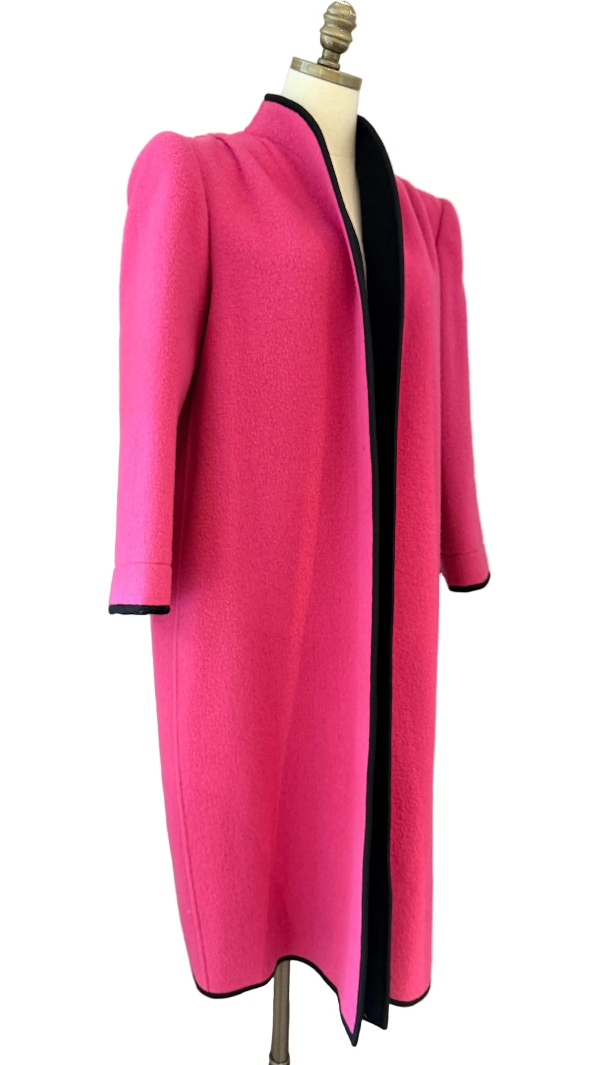 1980s Lanvin Paris Pink Felted Wool Full-Length Open Coat with Pleated Shoulders