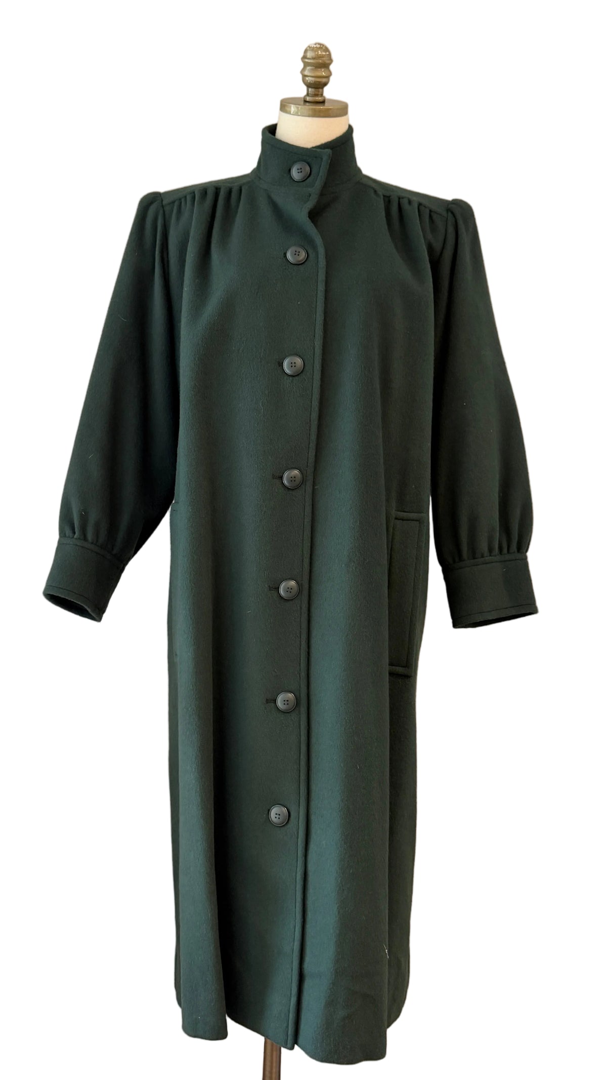 1970s Yves Saint Laurent Hunter Green Felted Wool Full-Length Coat with Pleated Shoulders, Back & Matching Belt