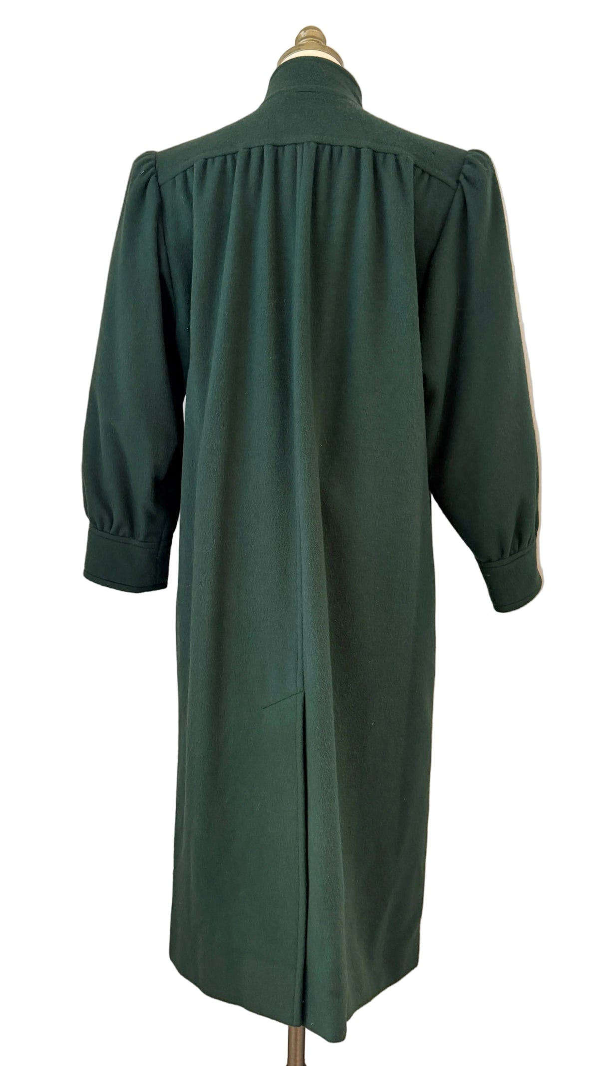 1970s Yves Saint Laurent Hunter Green Felted Wool Full-Length Coat with Pleated Shoulders, Back & Matching Belt
