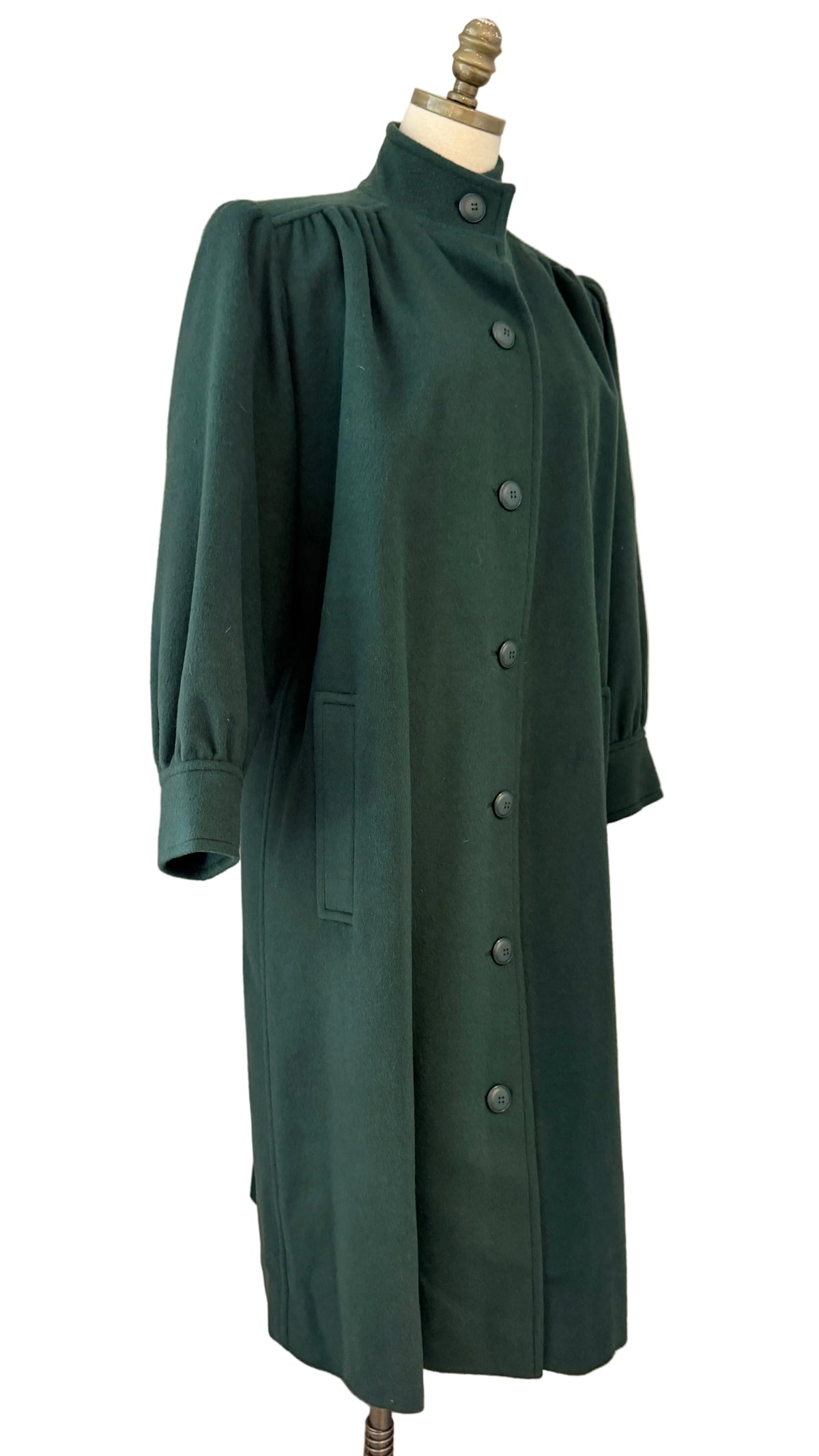 1970s Yves Saint Laurent Hunter Green Felted Wool Full-Length Coat with Pleated Shoulders, Back & Matching Belt