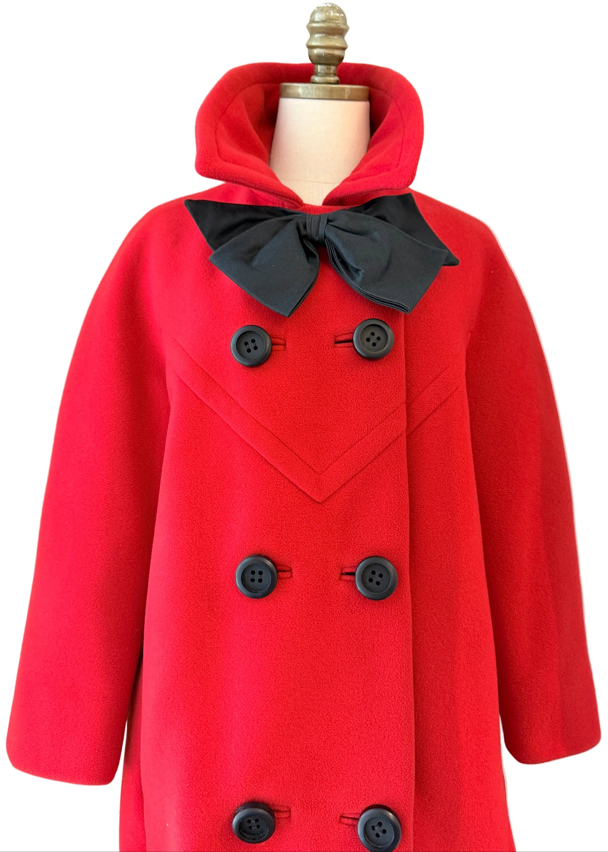 1960s La Boutique de Jeanne Lanvin Red Wool Double-Breasted 3/4-Length Coat with Black Satin Neck Bow