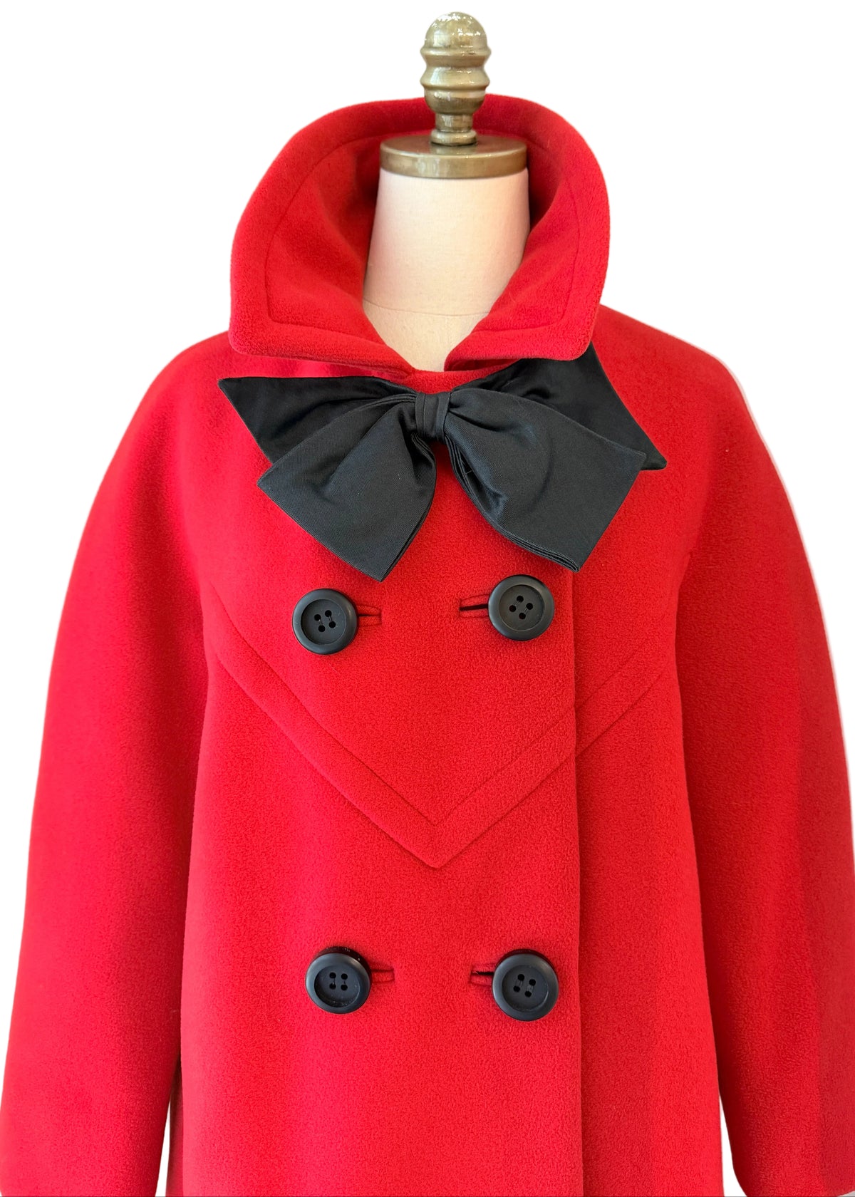 1960s La Boutique de Jeanne Lanvin Red Wool Double-Breasted 3/4-Length Coat with Black Satin Neck Bow