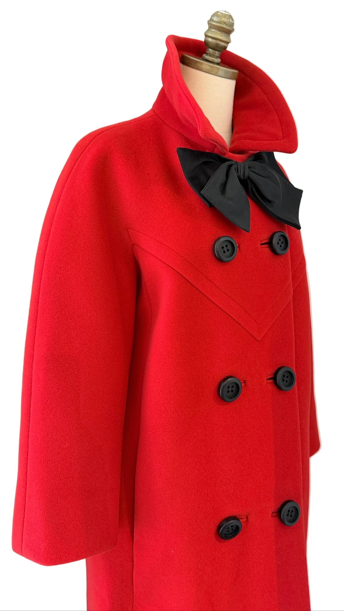 1960s La Boutique de Jeanne Lanvin Red Wool Double-Breasted 3/4-Length Coat with Black Satin Neck Bow