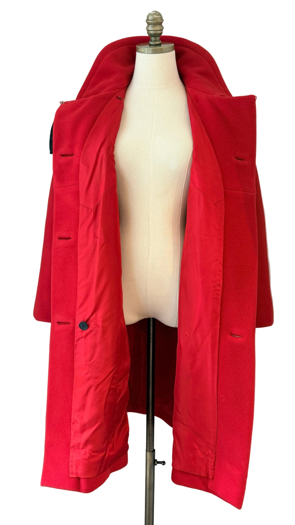 1960s La Boutique de Jeanne Lanvin Red Wool Double-Breasted 3/4-Length Coat with Black Satin Neck Bow