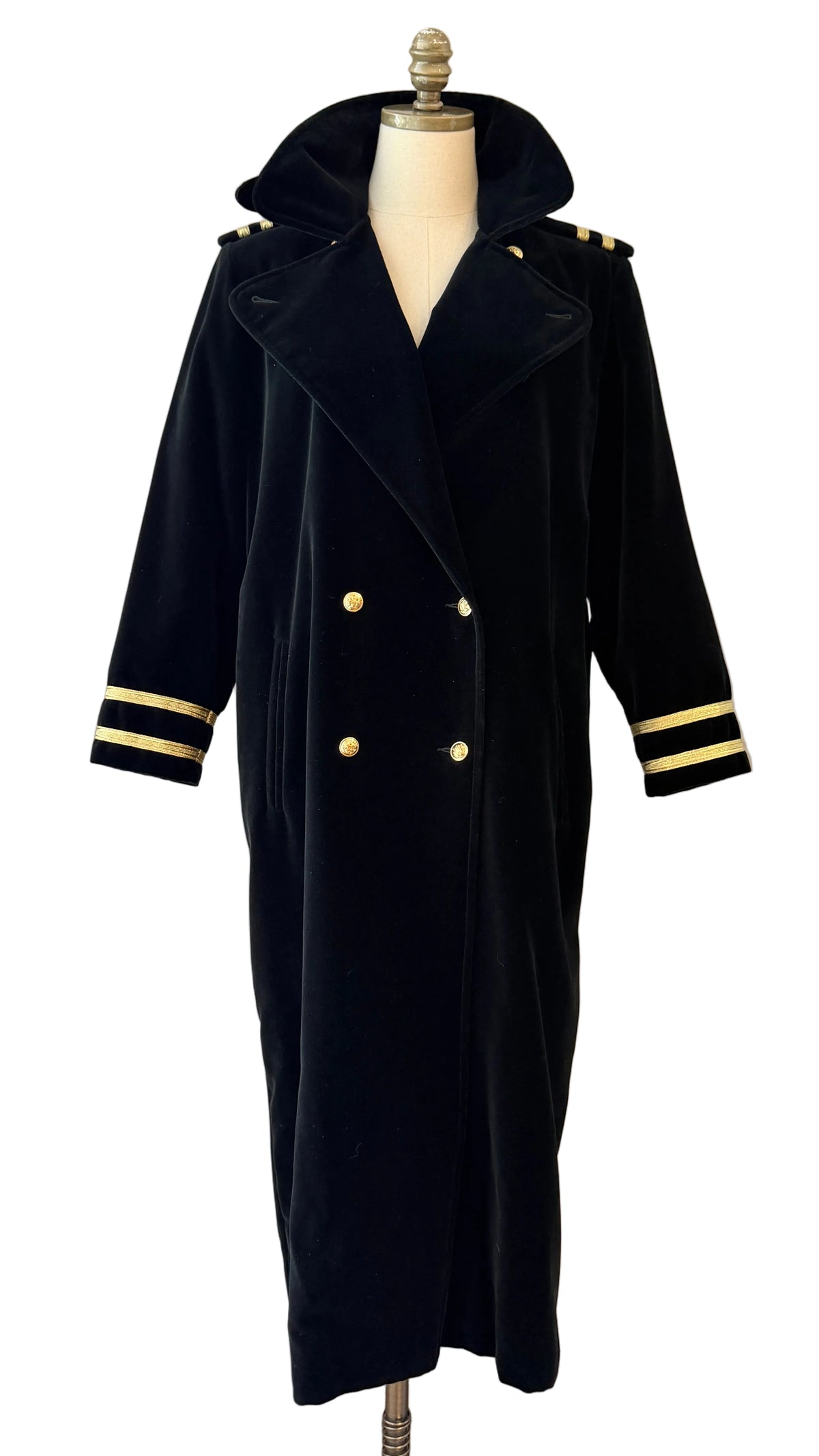 1980s Carol Cohen Drizzle Black Velvet Full-Length Trench Coat with Gold Lamé Ribbon & Double-Breasted Gold Buttons