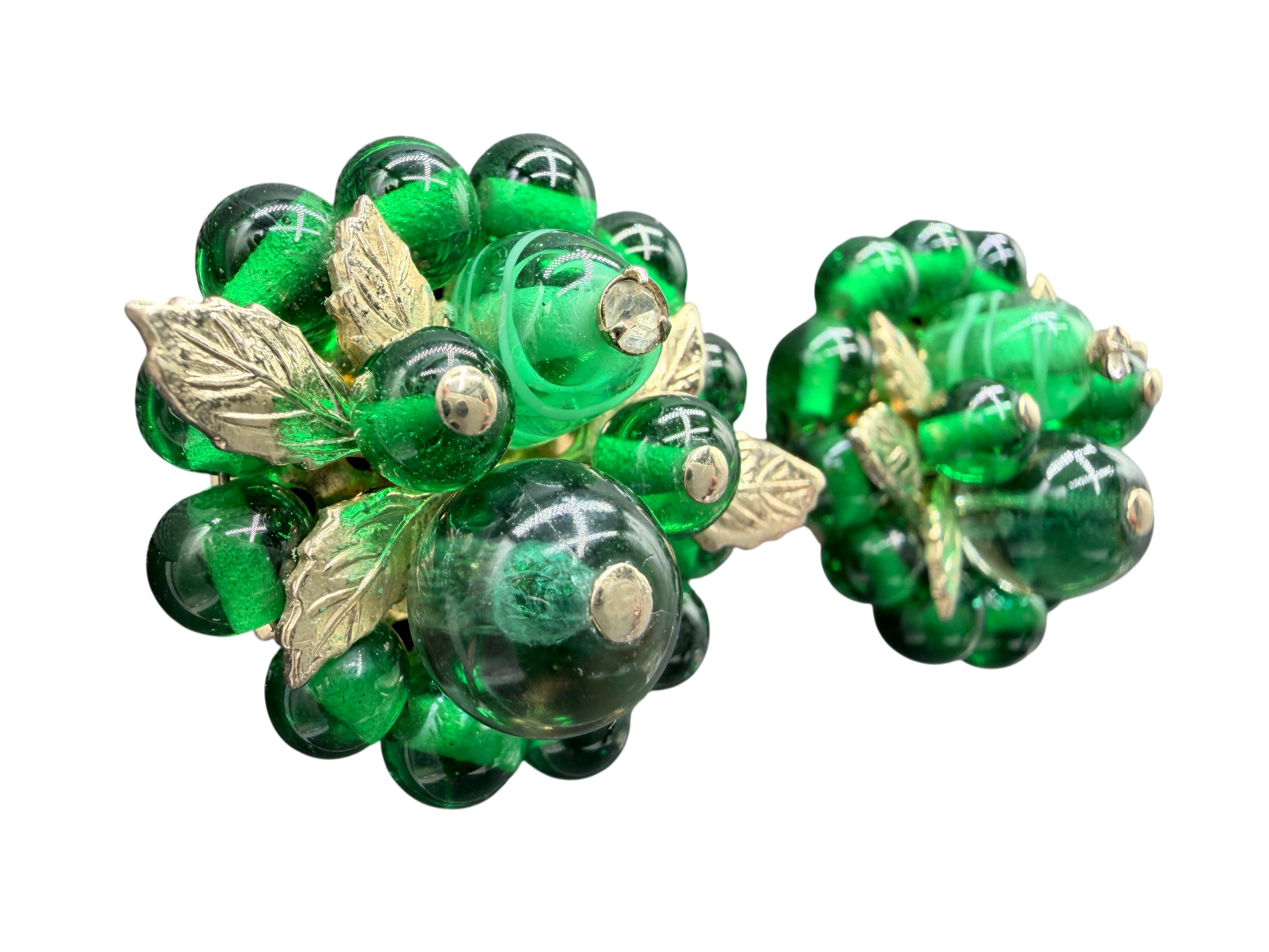 1950s Czech Glass Green Bead Cluster Clip Earrings with Silver Leaves
