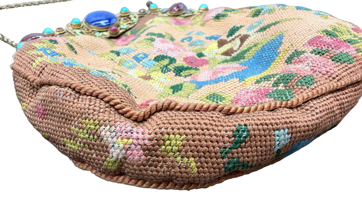 Antique French Petit Point Floral Needlepoint Evening Purse with Jeweled Gold-Tone Frame