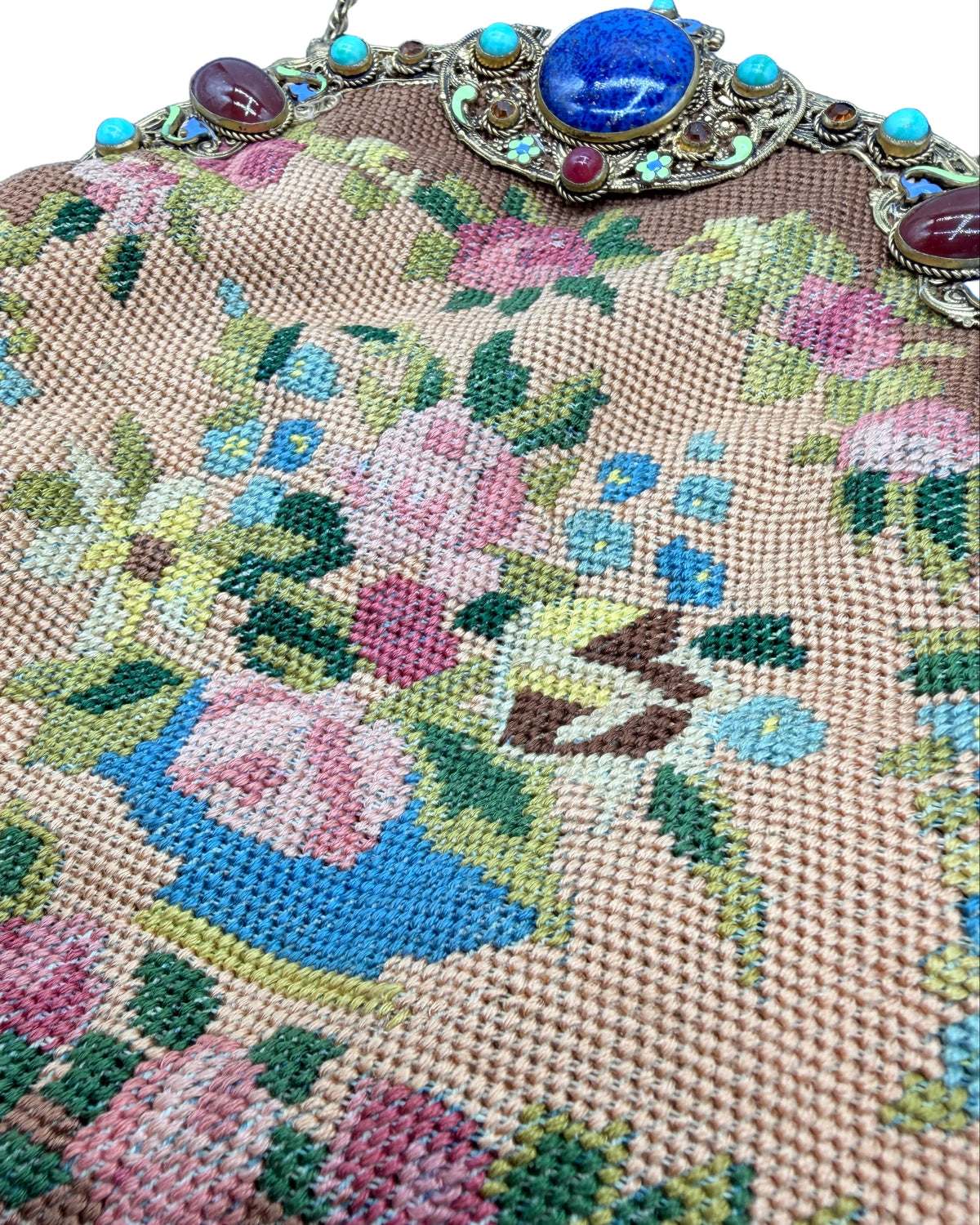 Antique French Petit Point Floral Needlepoint Evening Purse with Jeweled Gold-Tone Frame