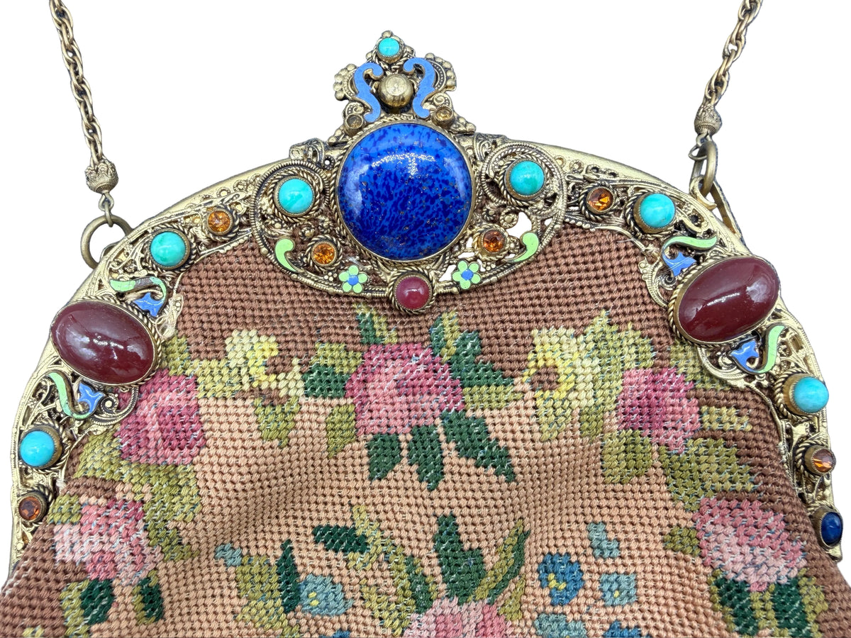 Antique French Petit Point Floral Needlepoint Evening Purse with Jeweled Gold-Tone Frame