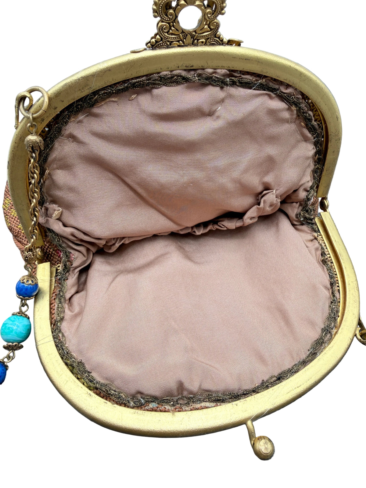 Antique French Petit Point Floral Needlepoint Evening Purse with Jeweled Gold-Tone Frame