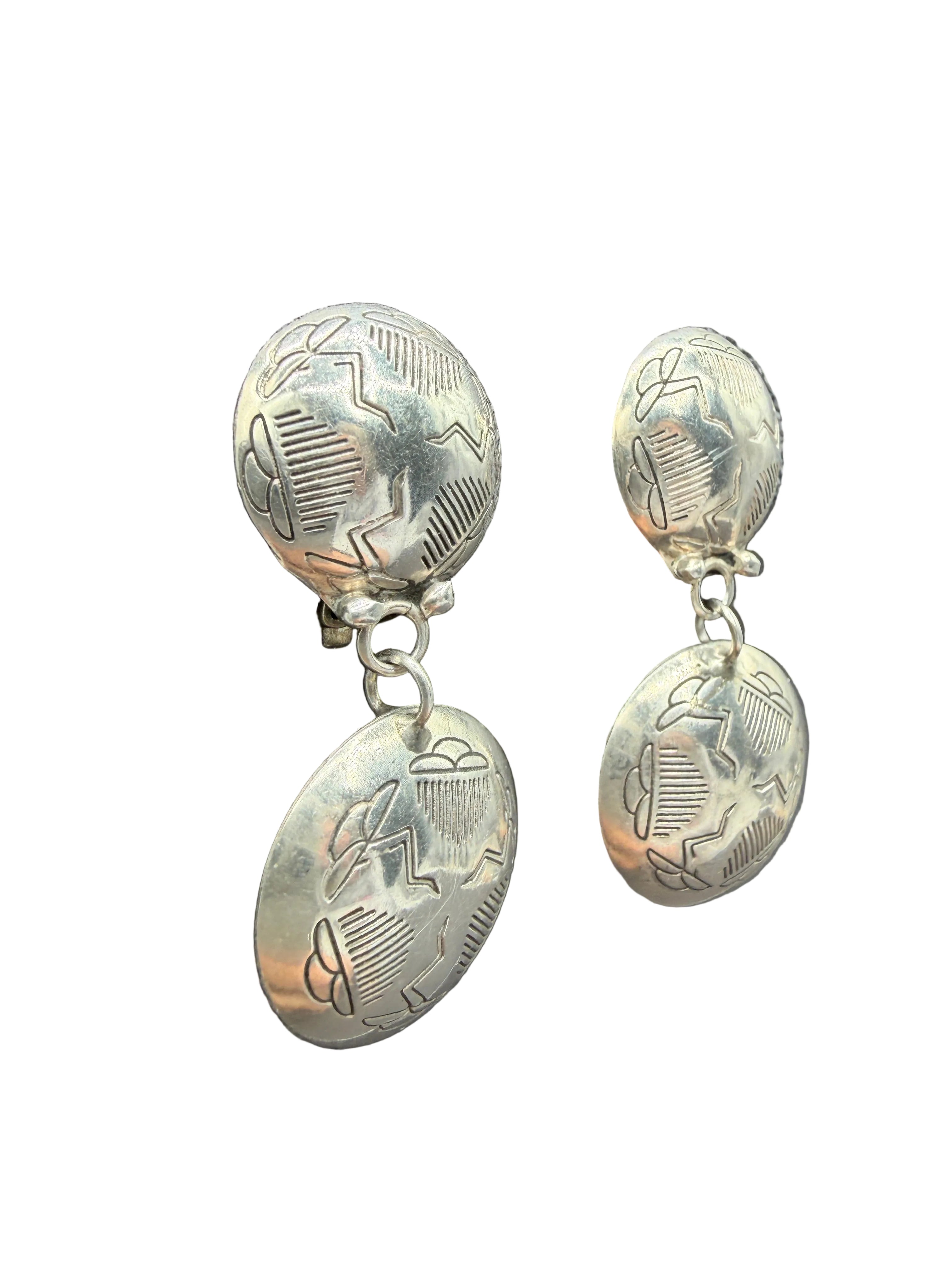 Signed Navajo Sterling Silver Double Concho Puffy Clip Earrings
