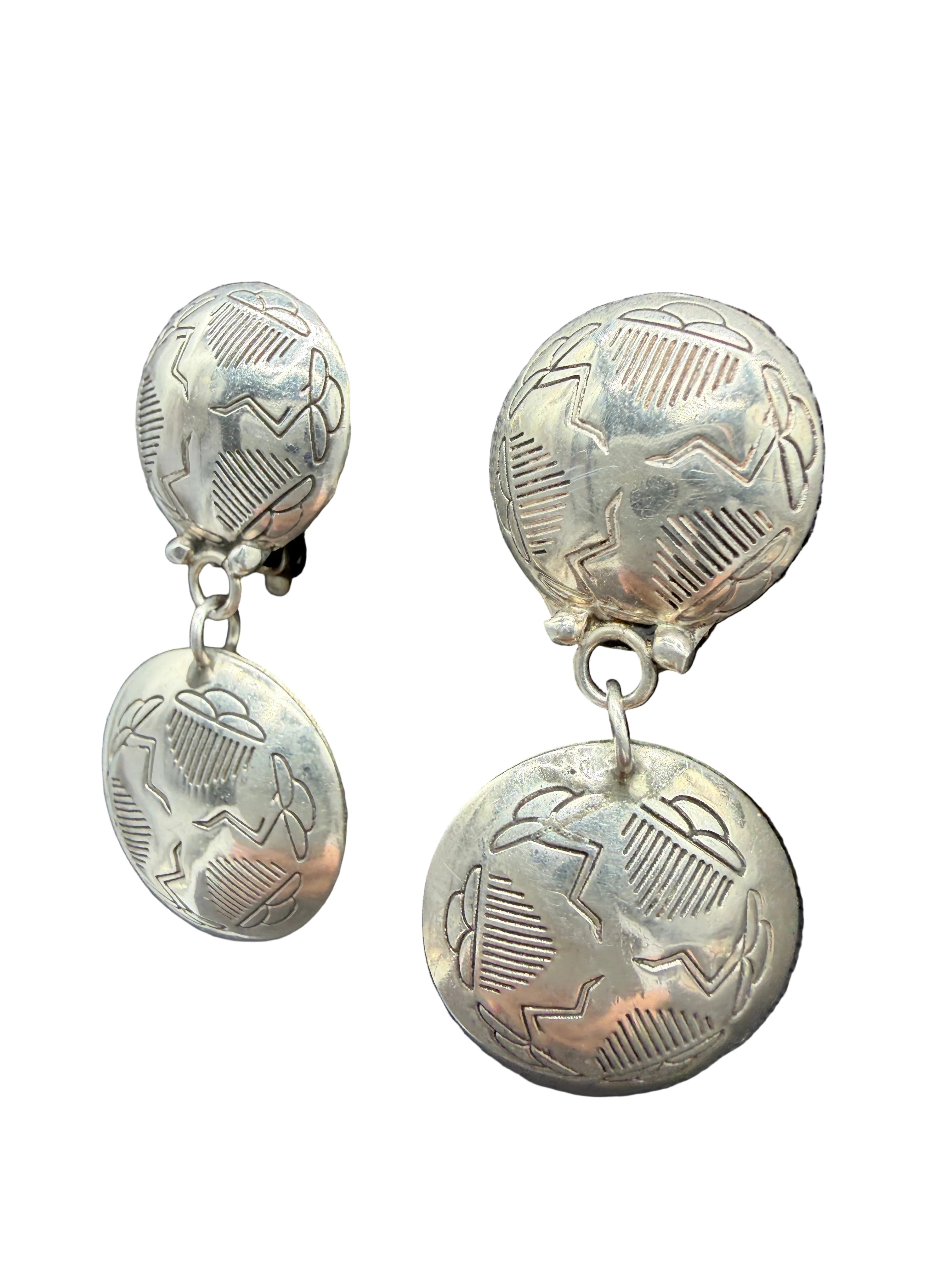 Signed Navajo Sterling Silver Double Concho Puffy Clip Earrings