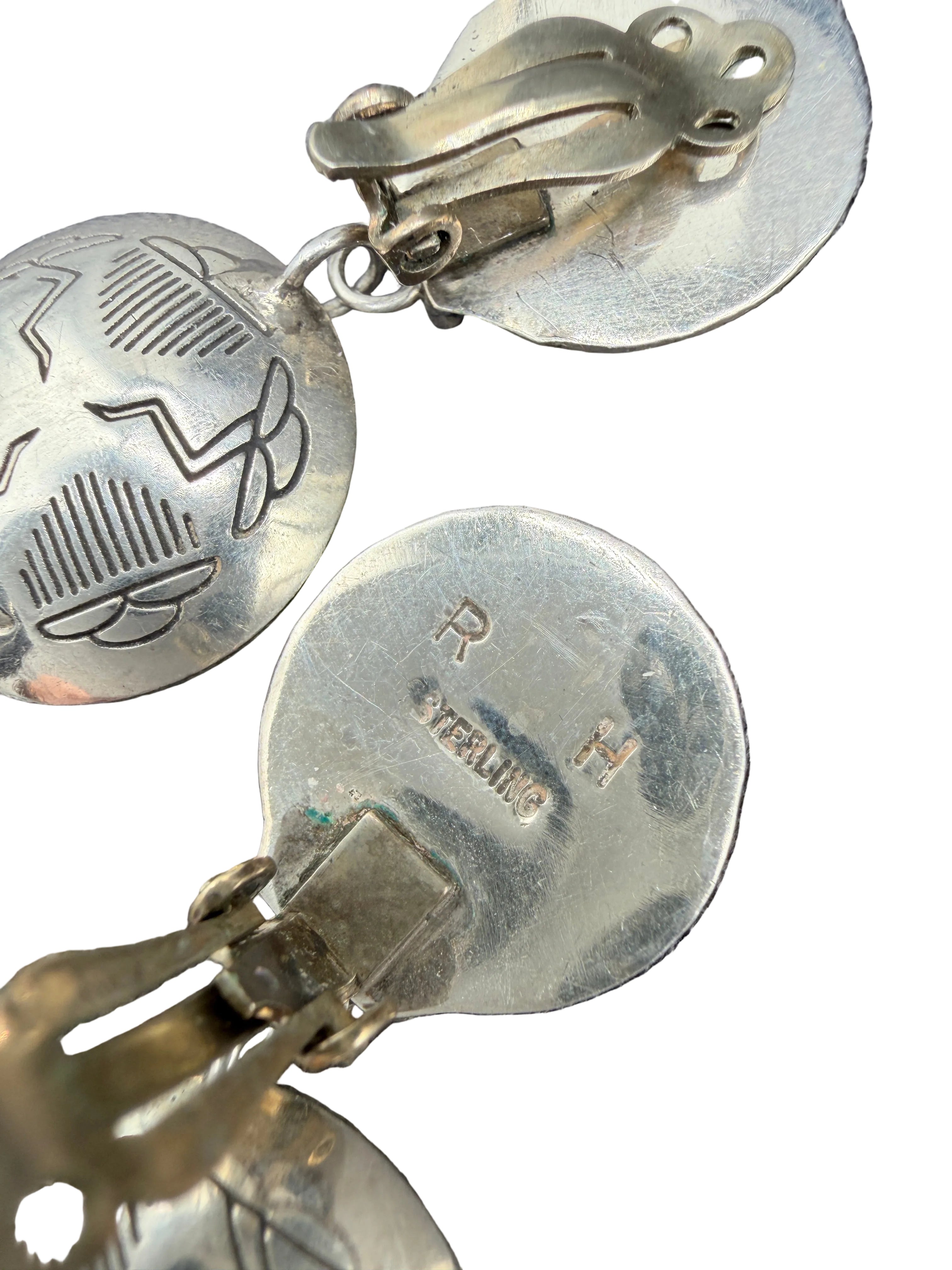 Signed Navajo Sterling Silver Double Concho Puffy Clip Earrings