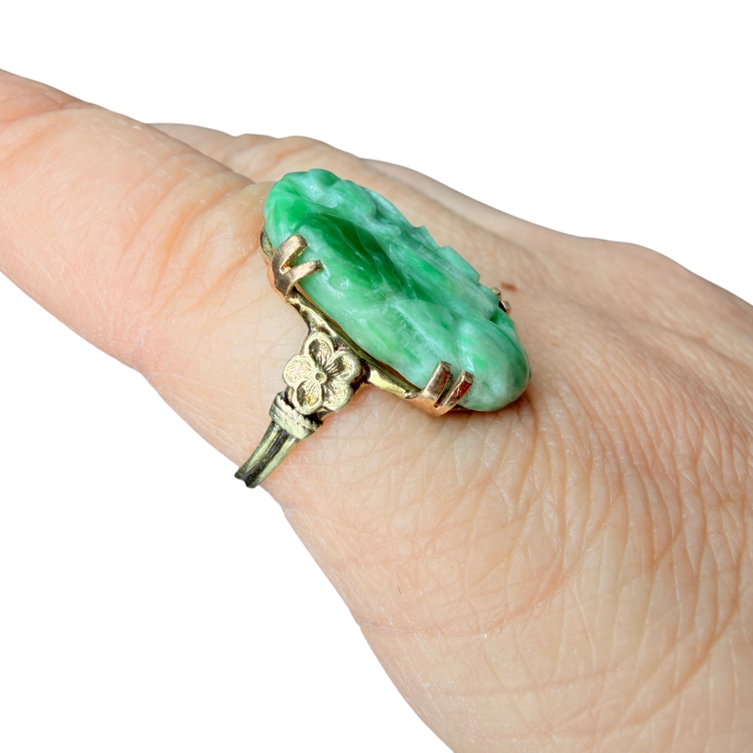 Antique Art Deco 14K Gold Jade Cutout Flower Ring