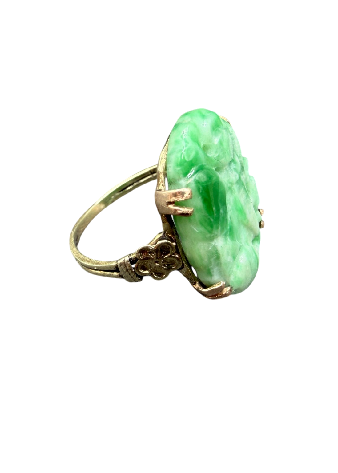 Antique Art Deco 14K Gold Jade Cutout Flower Ring