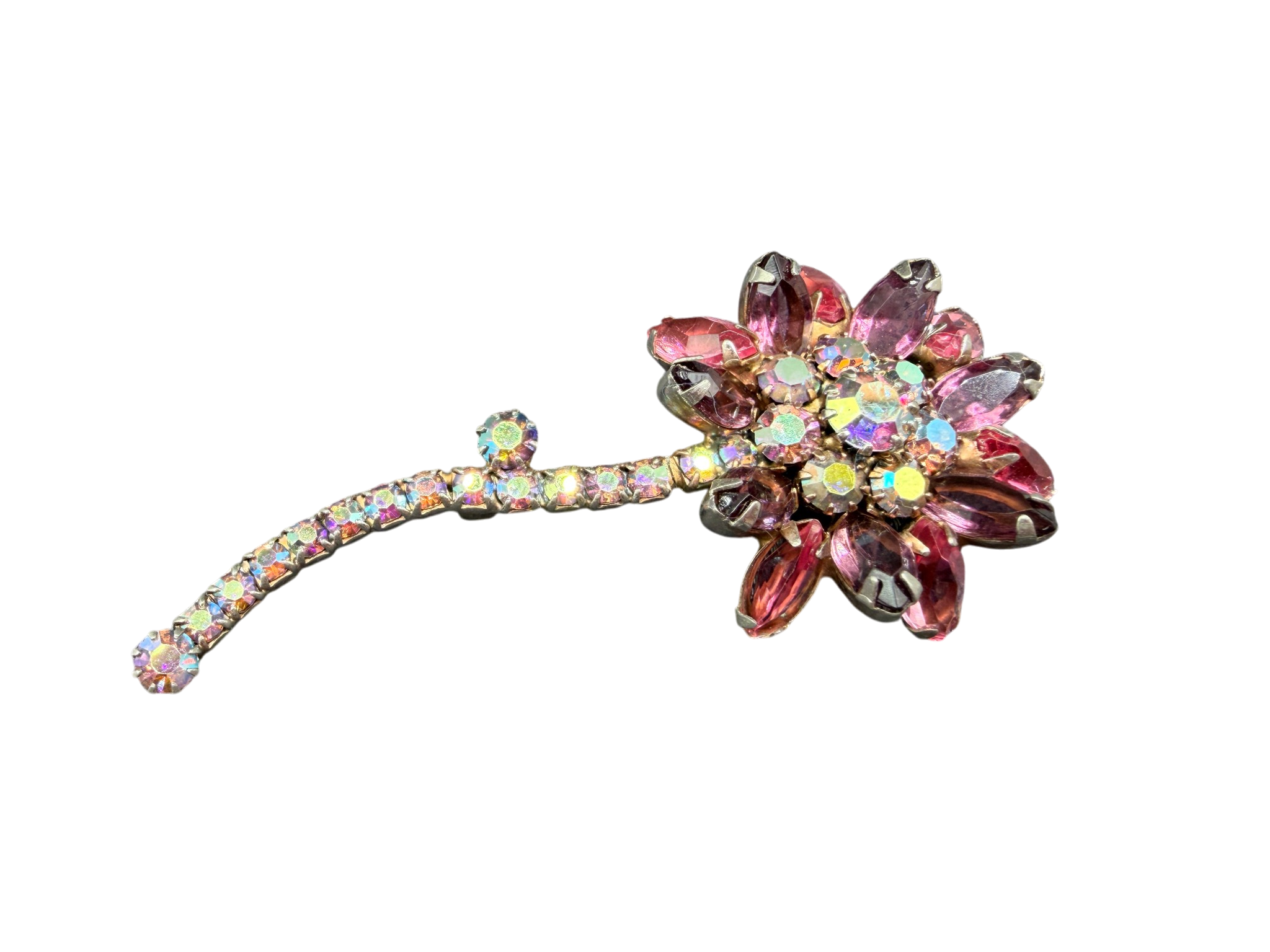 1950s 3D Pink Floral Crystal Brooch with Stem
