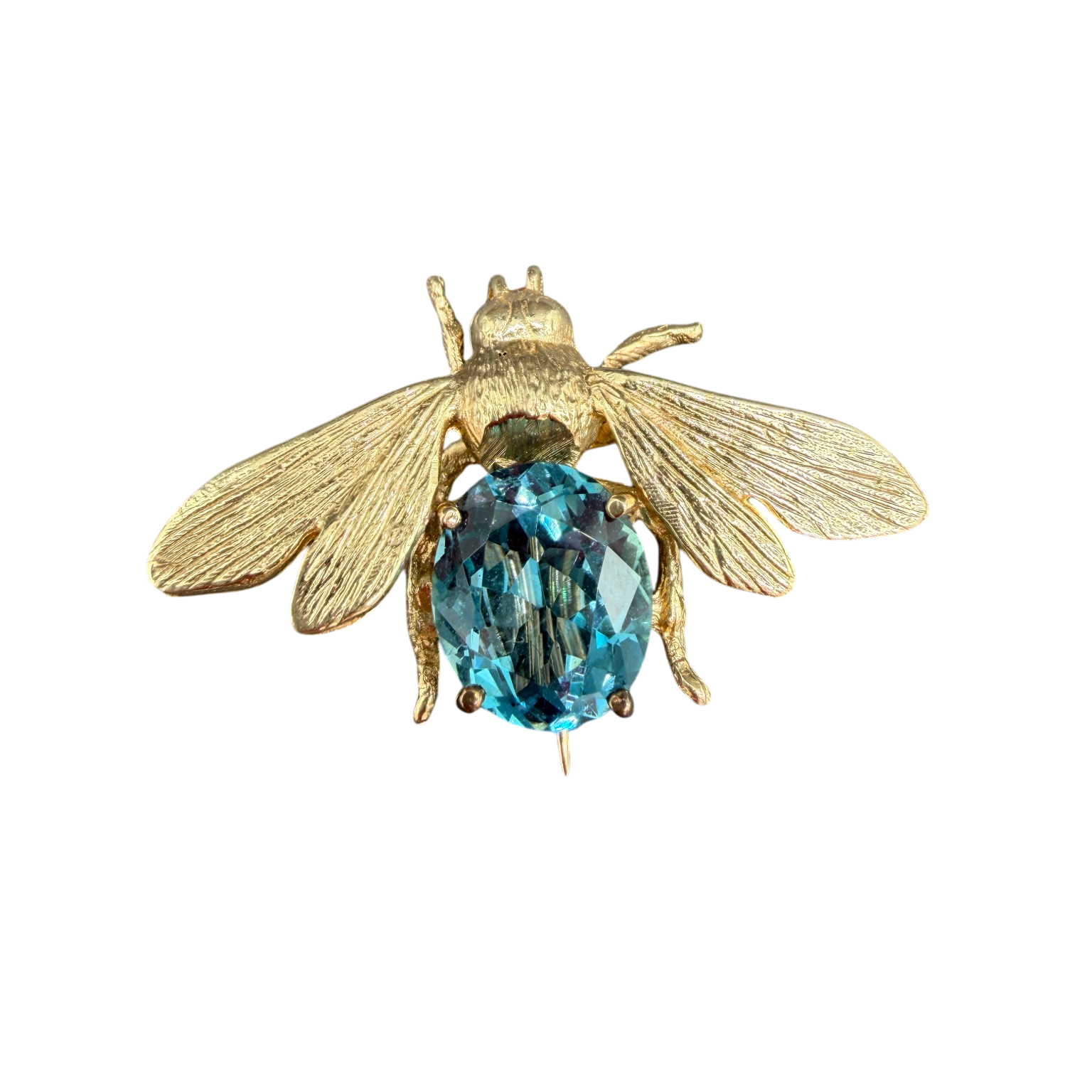 Antique 14K Yellow Gold Bee Brooch with Aquamarine